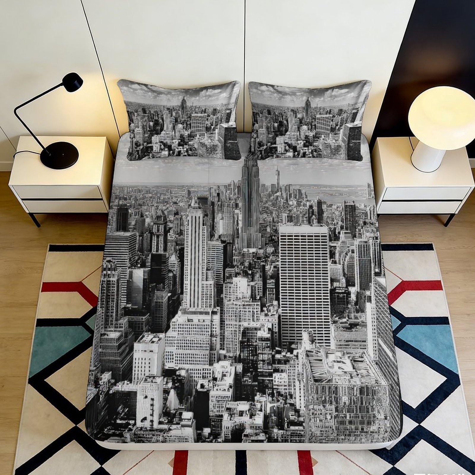 3D Printed New York Skyline Fitted Sheet Microfiber Black White Cityscape Mattress Cover for Bedroom Guest Room 90x200x25cm