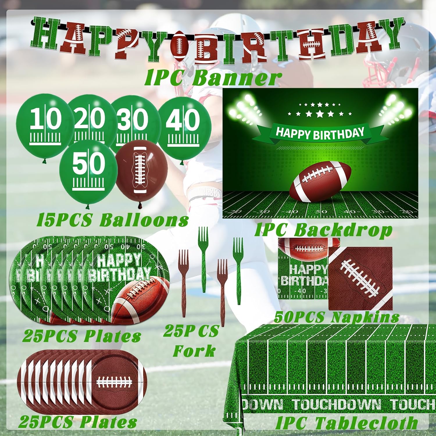 Football Party Supplies,Football Plates and Napkins Tablecloth Backdrop Balloon for Football Birthday Party Decorations Football Game Day Tailgate Party Decorations, Serve 25