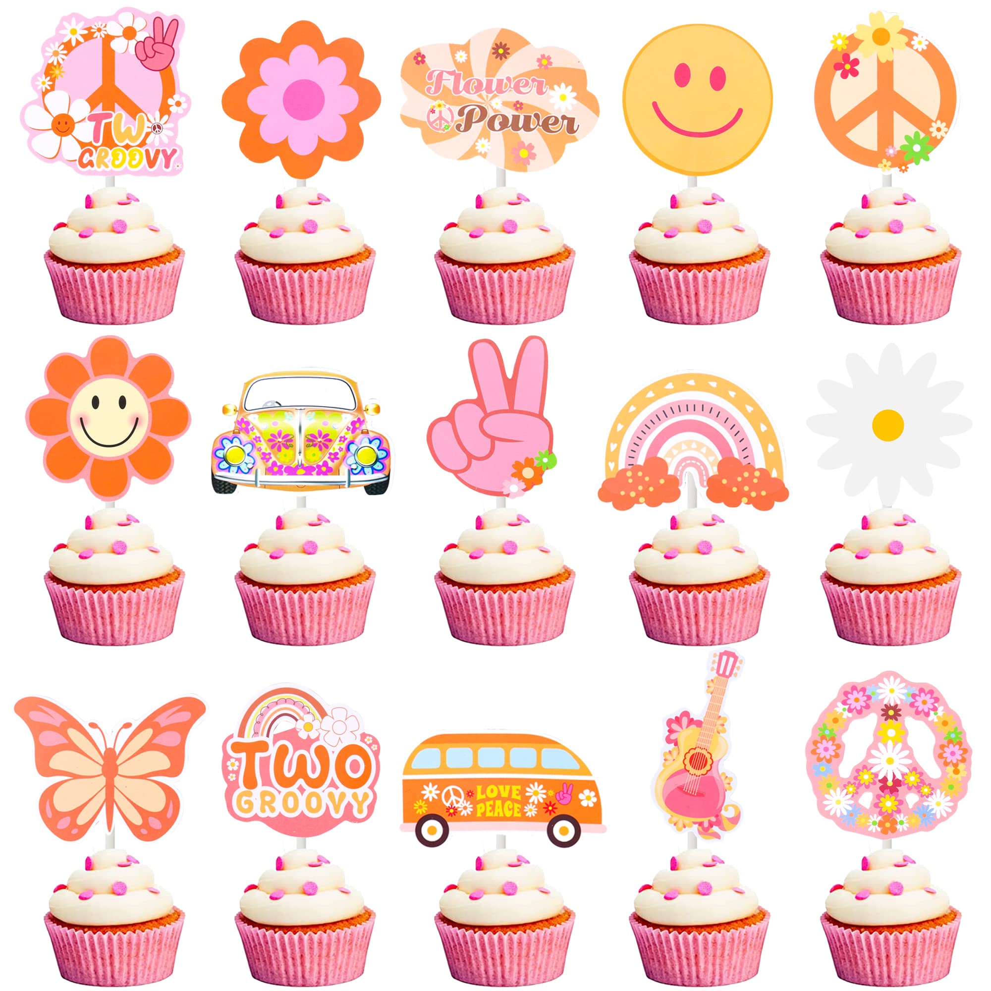 36pcs Two Groovy Party Cupcake Toppers Two Groovy Hippie Party Decorations for Grils' 2nd Birthday Party 60s 70s Theme Boho Hippie Supplies