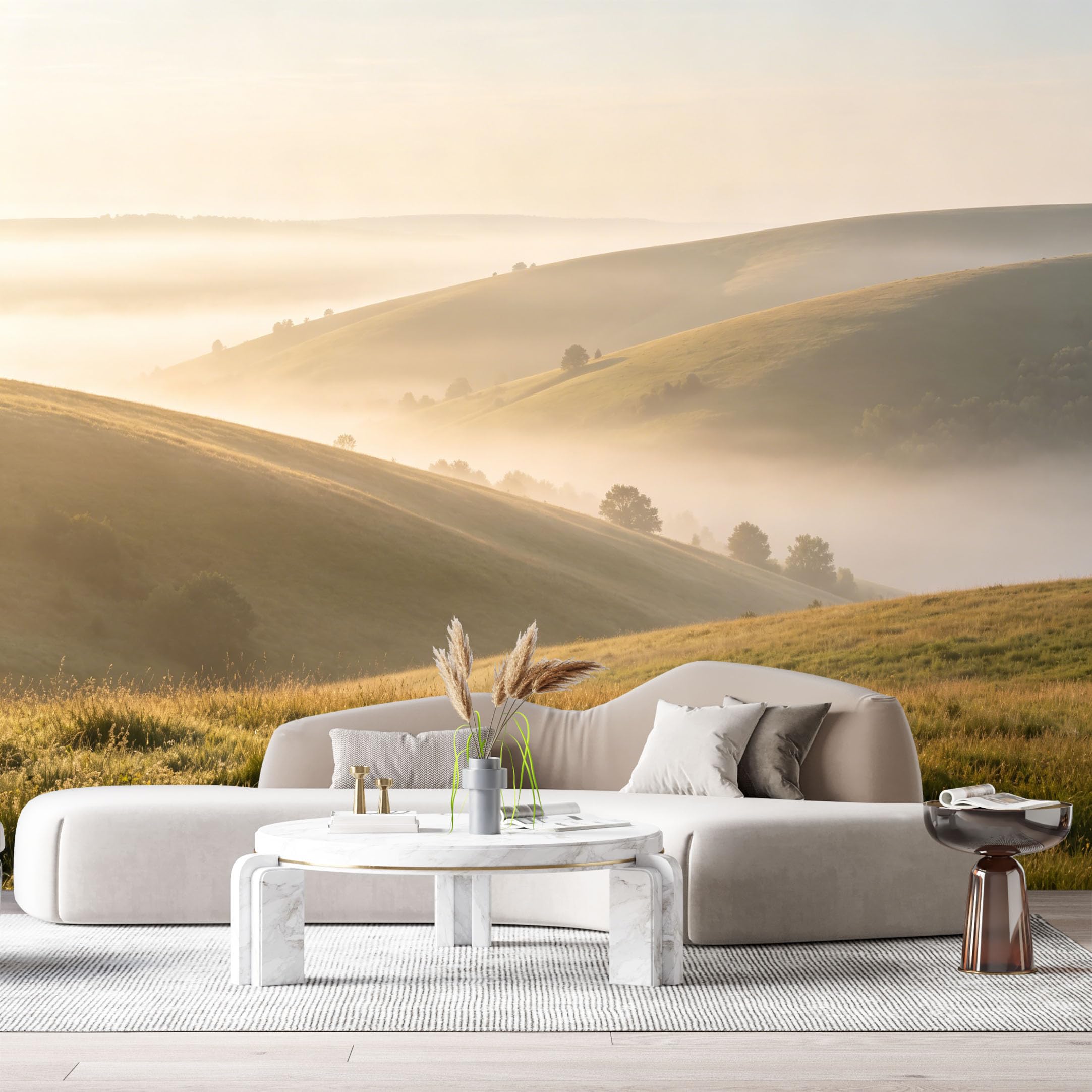 Custom Size Wall Murals Misty Hills Landscape Morning Fog Golden Meadow SelfAdhesive Wall Fabric Removable Large Wallpaper for Photo Living Room