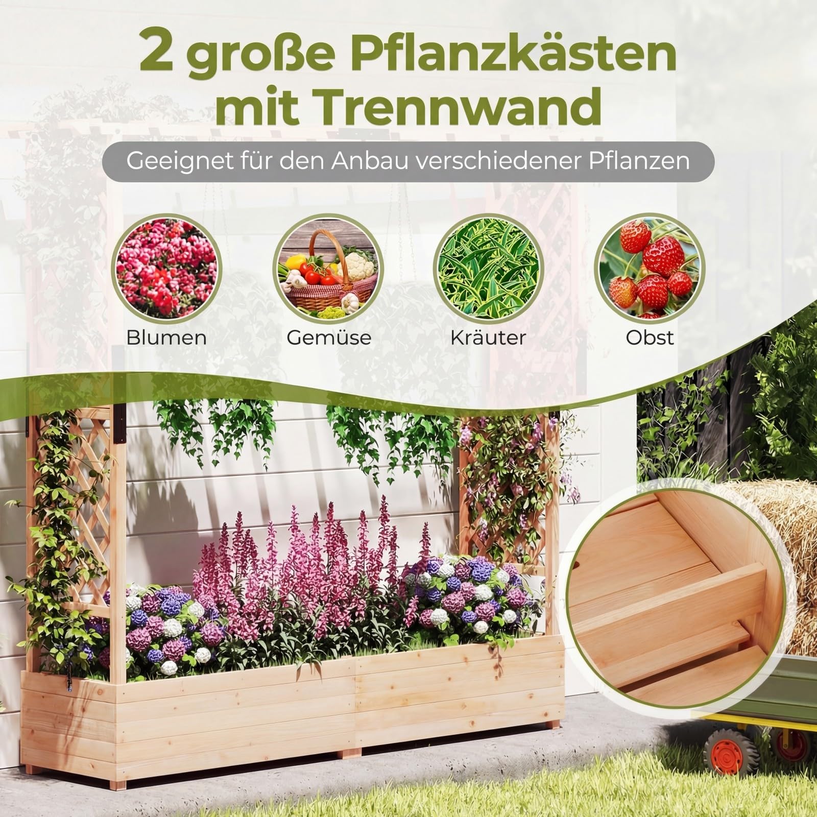 COSTWAY Blumenkasten mit Rankgitter & hängendem Dach, Pflanzkasten mit Rankhilfe, Hochbeet für Kletterpflanzen & hängende Körbe, für Garten Hof Terrasse, Pflanzkübel Holz, 196 x 44 x 182 cm (Natur)