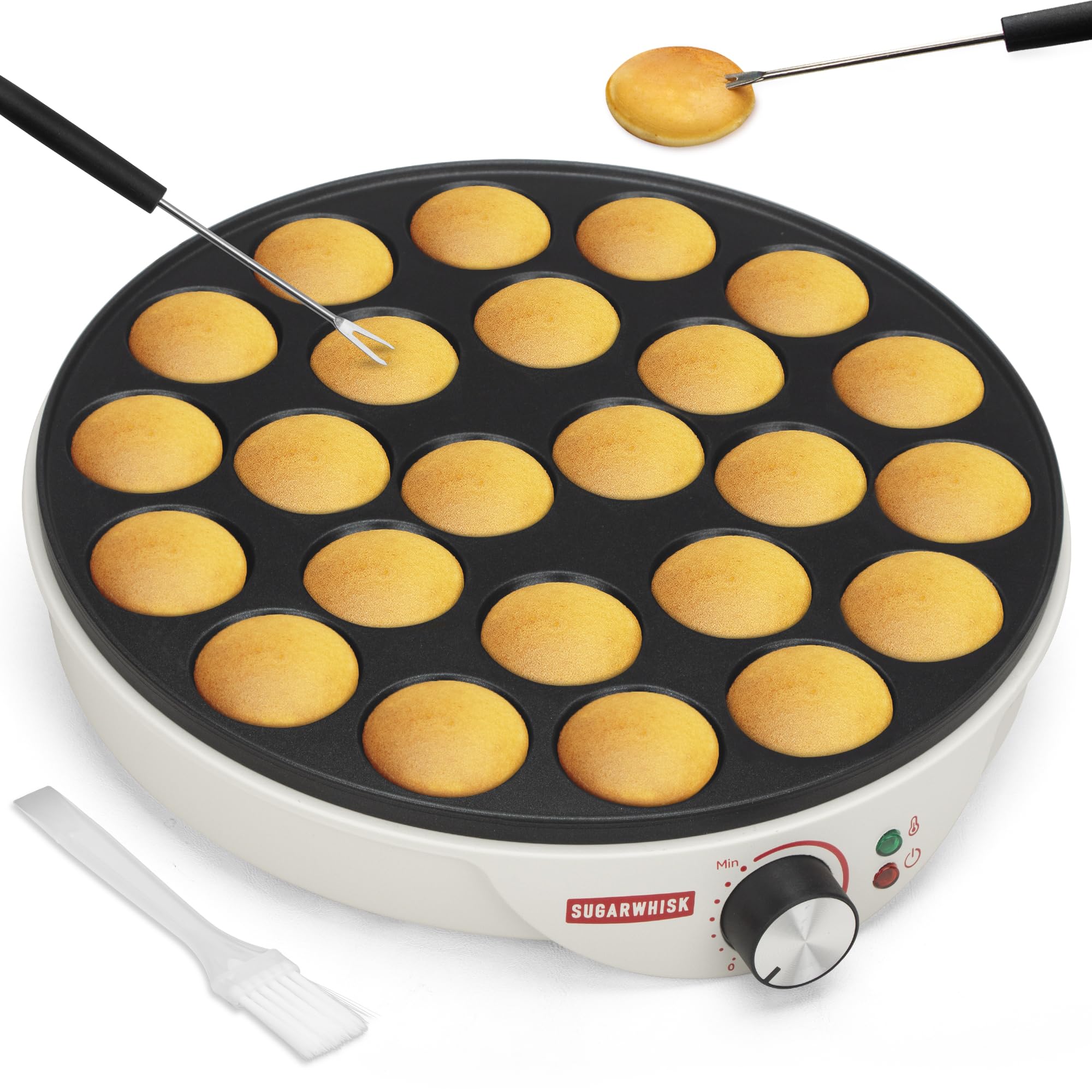 SugarWhisk 24-Fach Mini-Pfannkuchen-Maschine, Elektrische Aebleskiver- und Poffertjes-Herstellungspfanne, Dänische Pfannkuchen-Maschine, Cake-Pop-Hersteller, Holländische Pfannkuchen-Maschine, weiß