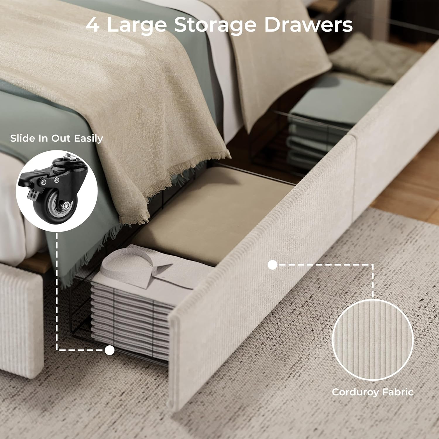 GarveeHome Bed Frame, King Size Platform Bed with 4 Storage Drawers, Upholstered Corduroy Channel Tufted Headboard Bed Frame with Strong Wooden Slat Support, No Box Spring Needed, Beige
