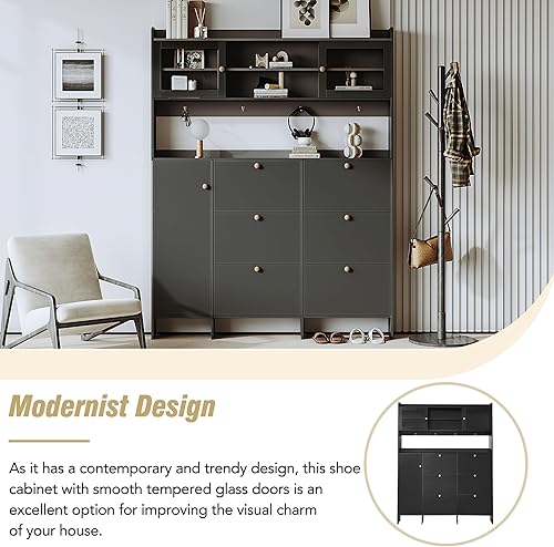 Miniatura 8 de Elegante zapatero con estante de almacenamiento y 6 cajones abatibles, árbol de pasillo grande con puertas de vidrio templado y 4 ganchos, para