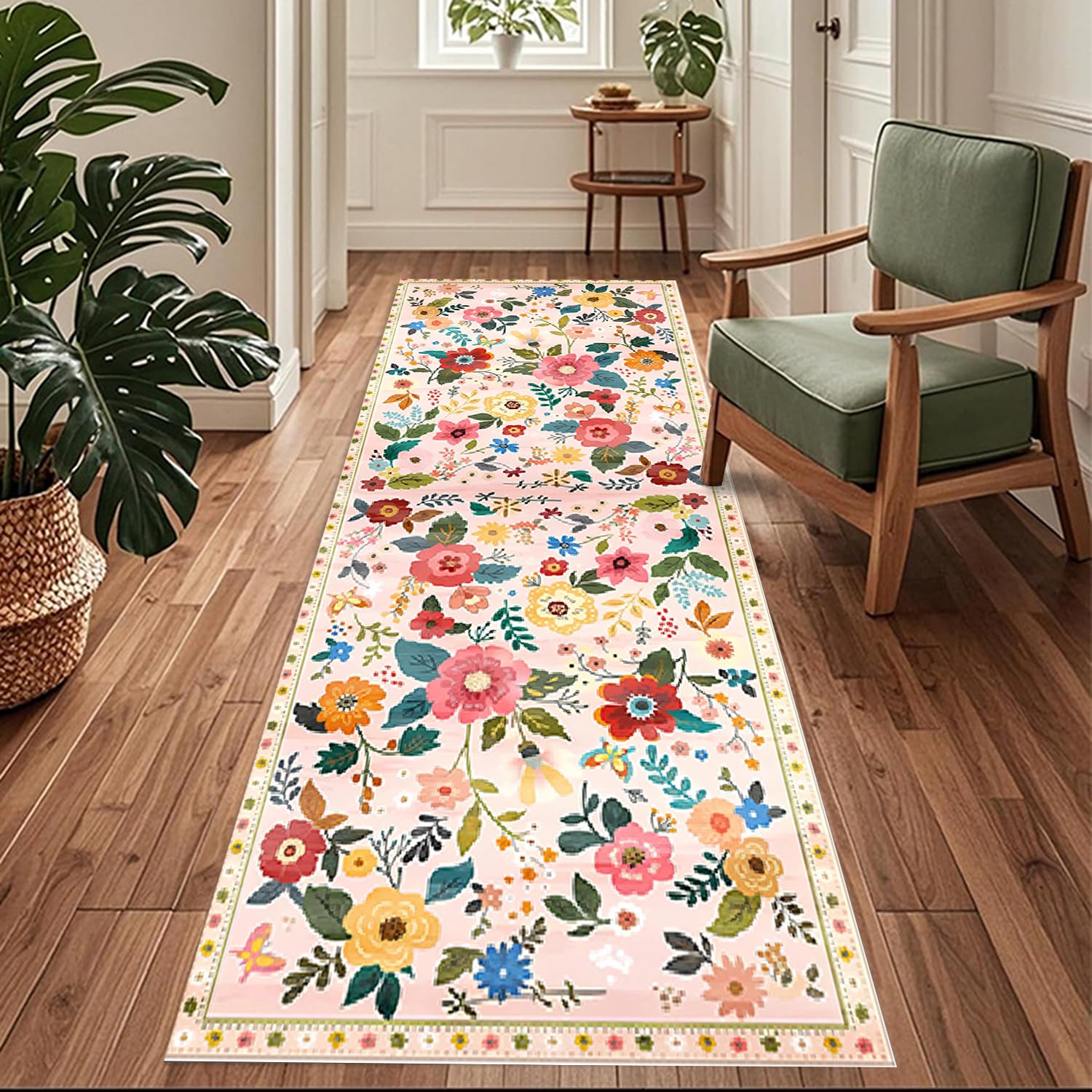 Tapis Couloir,Tapis de Cuisine Devant Evier Rose 60x340cm Motif Floral 3D Tapis de Couloir Antiderapant Lavable Tapis Cuisine Chemin Tapis Couloir Long pour Cuisine Chambre