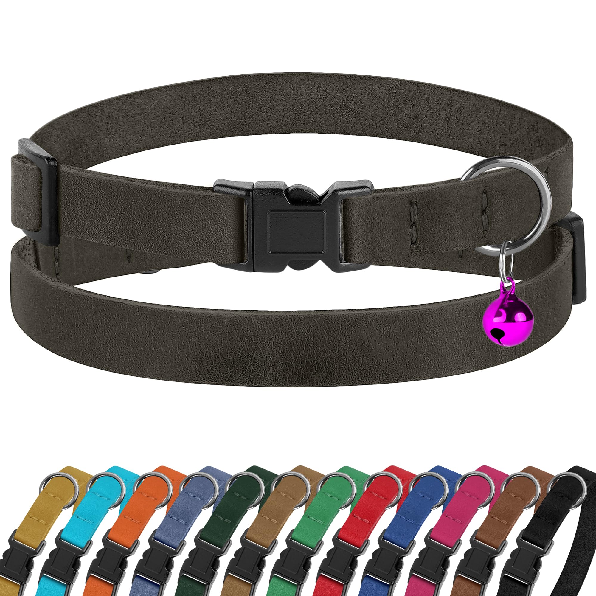 Breakaway Cat Collar Leather with Removable Bell - 13 Colors Available - Soft Adjustable Girl Boy Safety Lightweight Pet Kitten Collars Pink Brown Blue Green Red Orange Black (Graphite)