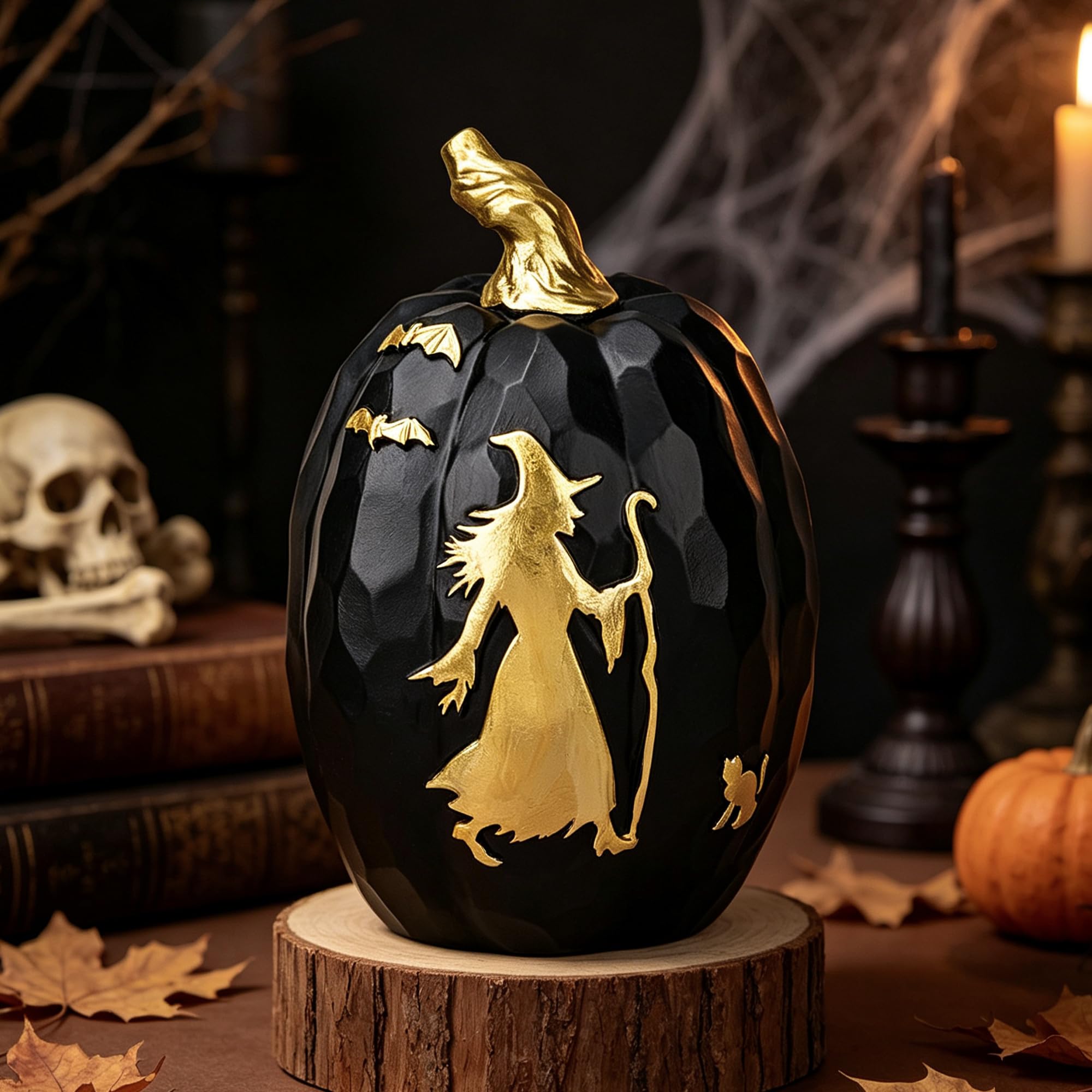 Funzhan 5.3Inch Black Resin Pumpkin Halloween Witch Table Centerpiece Decor