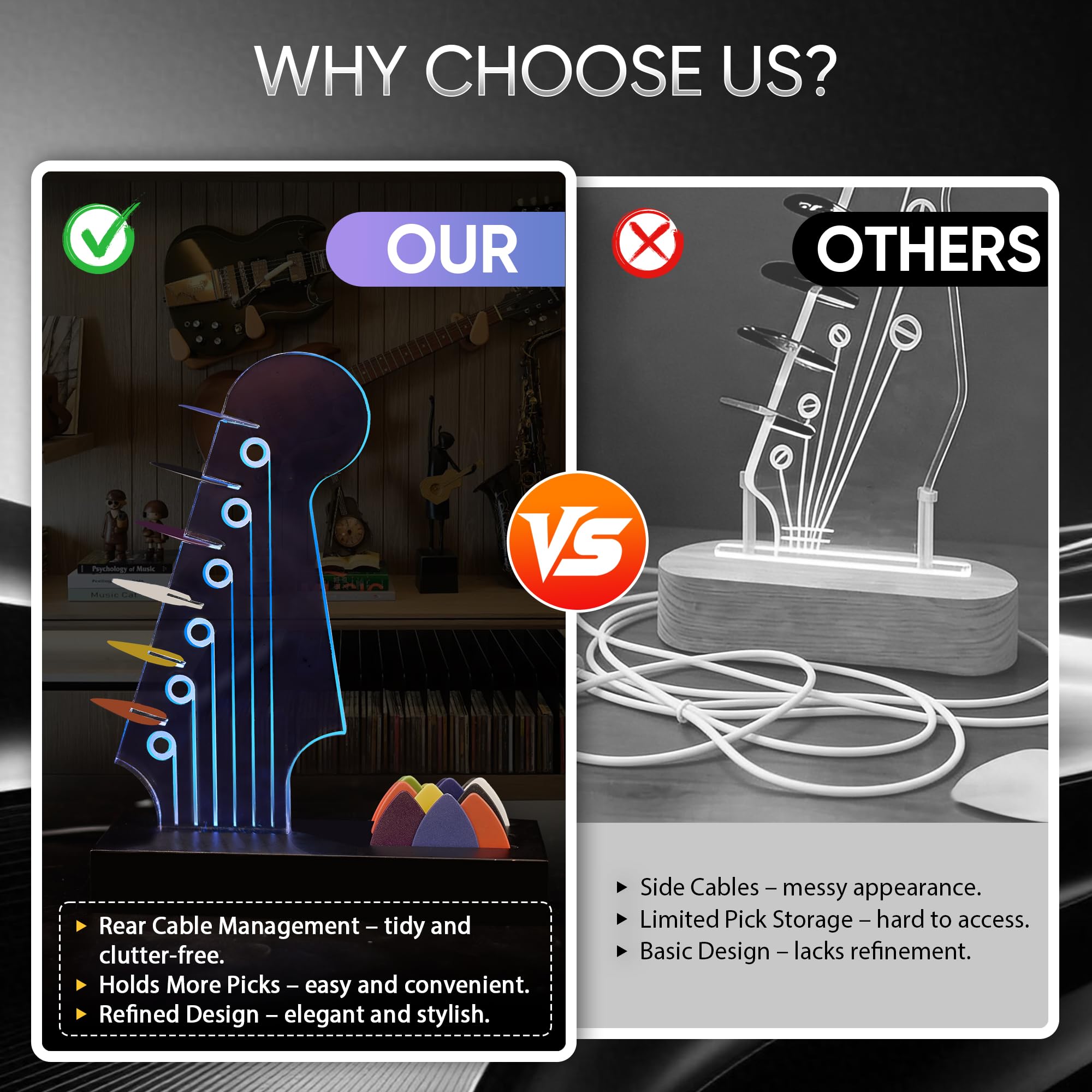 Soporte para púas de guitarra iluminado: diseño de cabezal de guitarra eléctrica, luces que cambian de 7 colores, regalos de guitarra para los amantes de la música, exhibición de púas de guitarra con