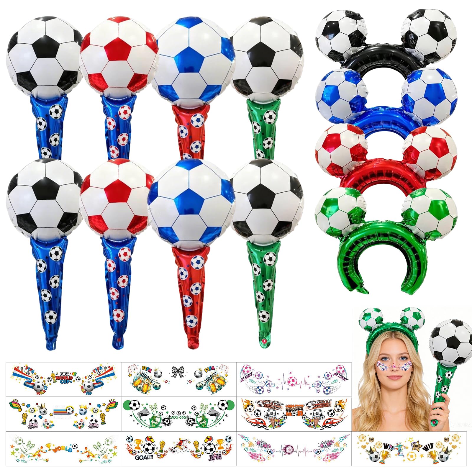 2026 World Soccer Cup Fan Cheering Kit,Football Round Rod Headband, Inflatable Thunder Sticks,Temporary Tattoos for World Cup Sport ThemeFootball Birthday Party Decorations