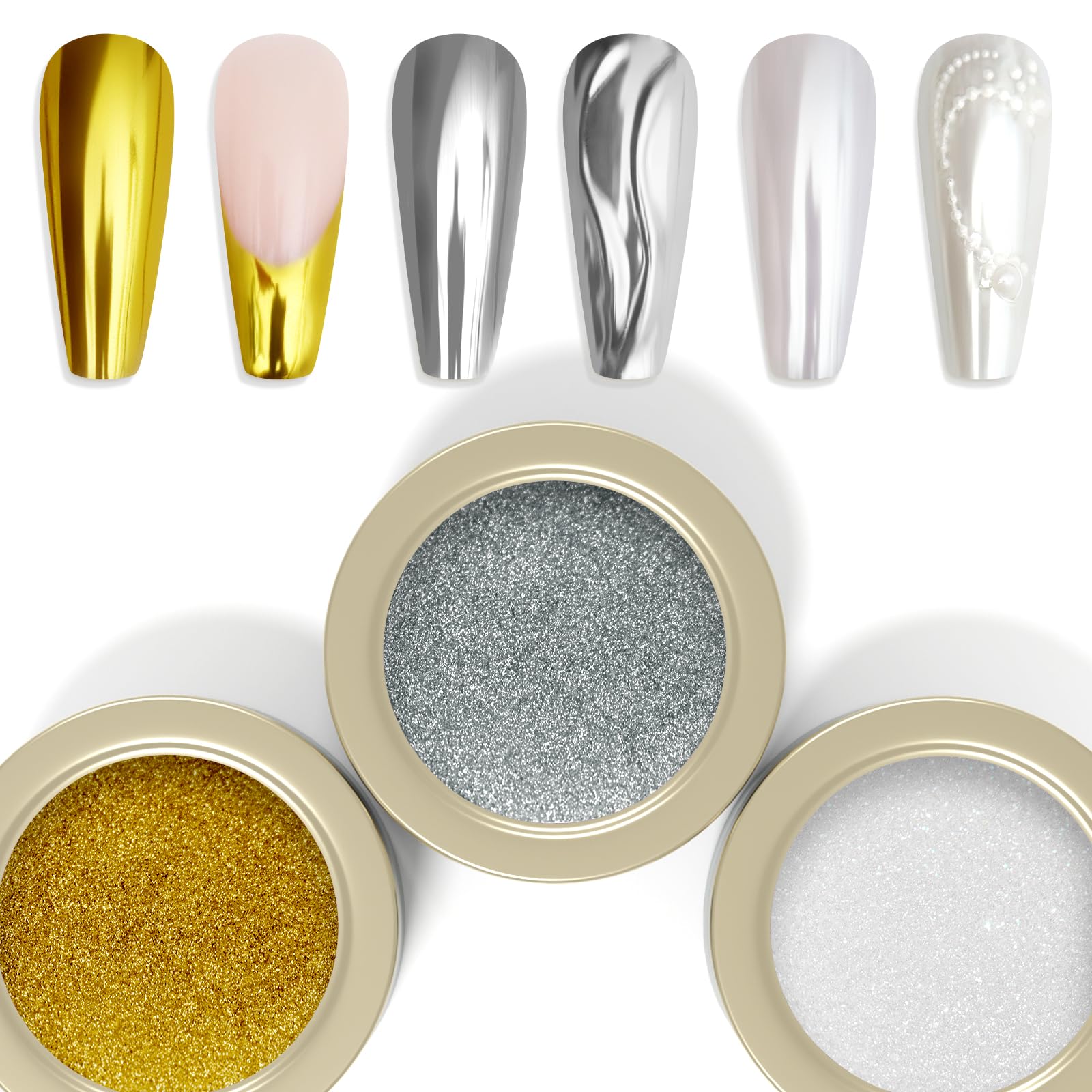 Laza 3 Colors Chrome Nail Powder Mirror Effect Metallic Dust Glitter
