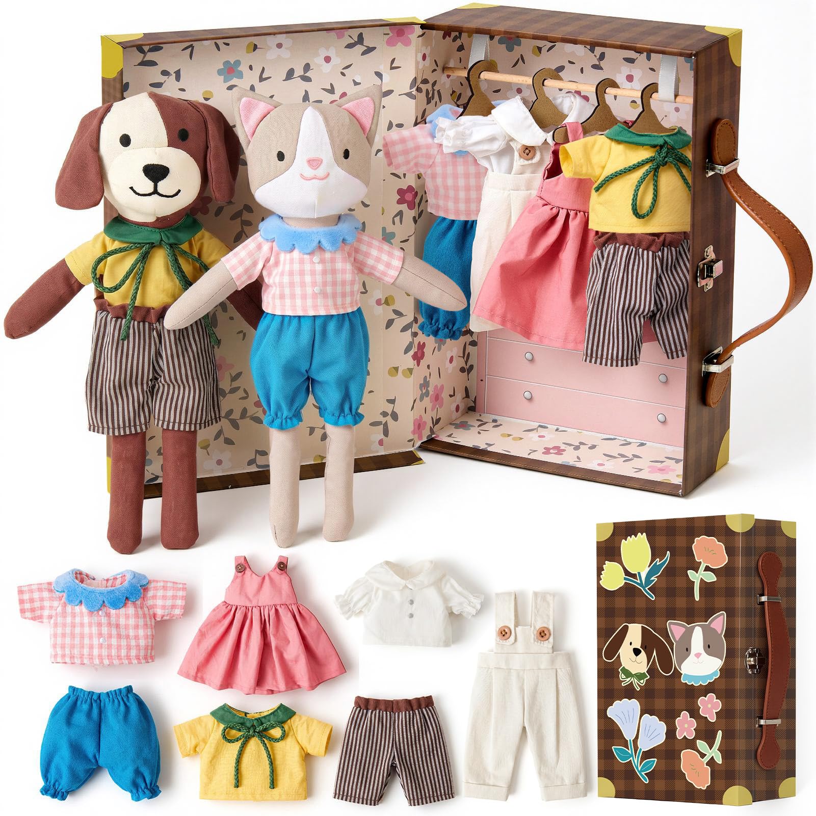 vamei Portable Dolls for Girls, Bear & Bunny Plush Dress Up Set with Carry Handle Storage Case, Wooden Hangers, Dolls Clothes & Doll Accessories, Toys for 3 4 5 6 Year Old Girls