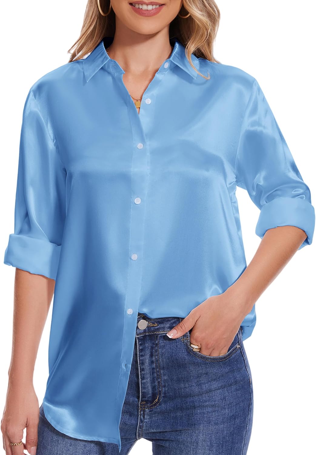 YAMANMAN Women Satin Blouse Long Sleeves Button Down Shirts V Neck Loose Blouse Business Casual Work Top