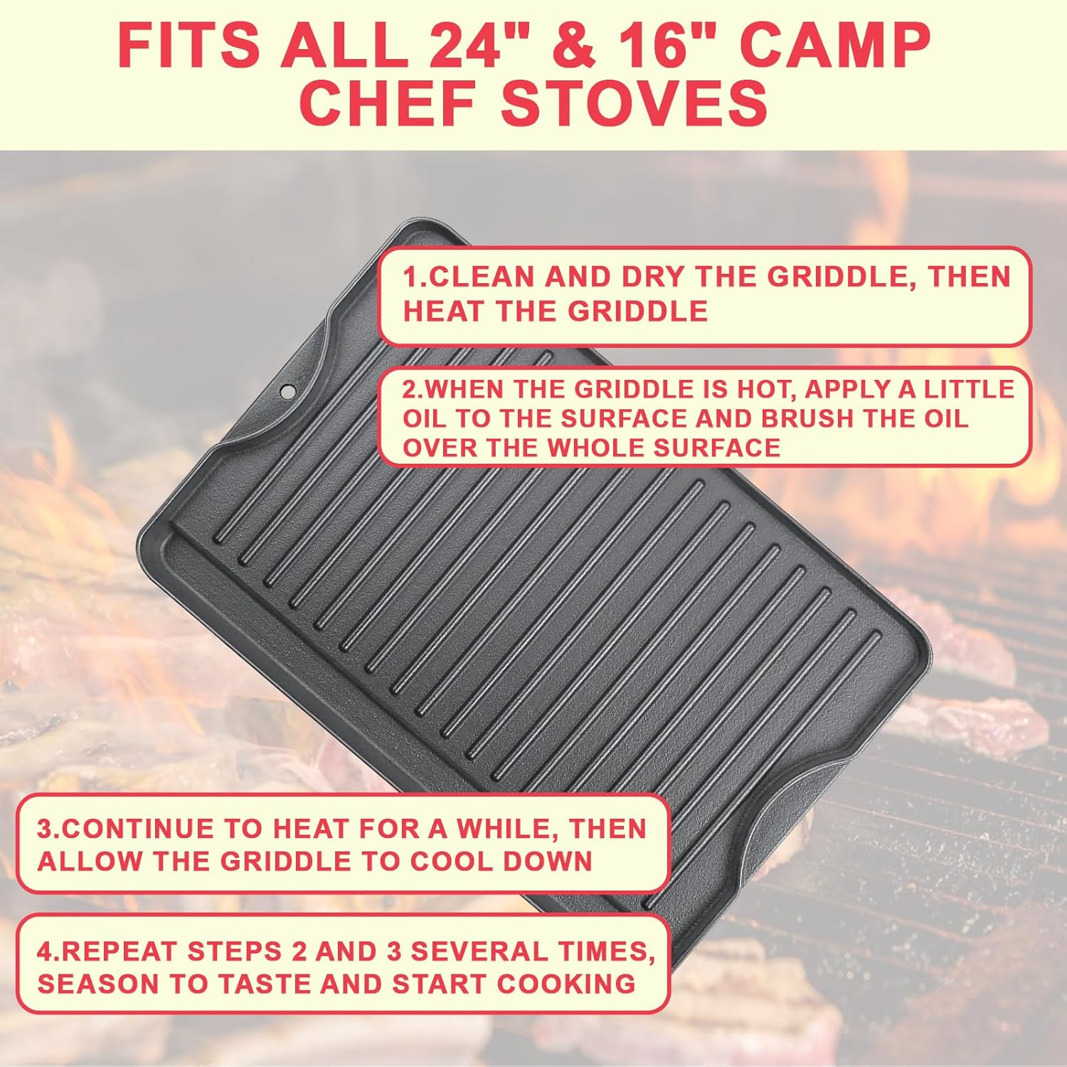 Cast Iron Reversible Griddle for Camp Chef, Universal Stove Top Griddle for Most 4 Burner Stove/Charcoal/Gas/Propane/Electric Grill Pan, Large Flat Top Plate for Outdoor Camping Accessories,16" x 24"