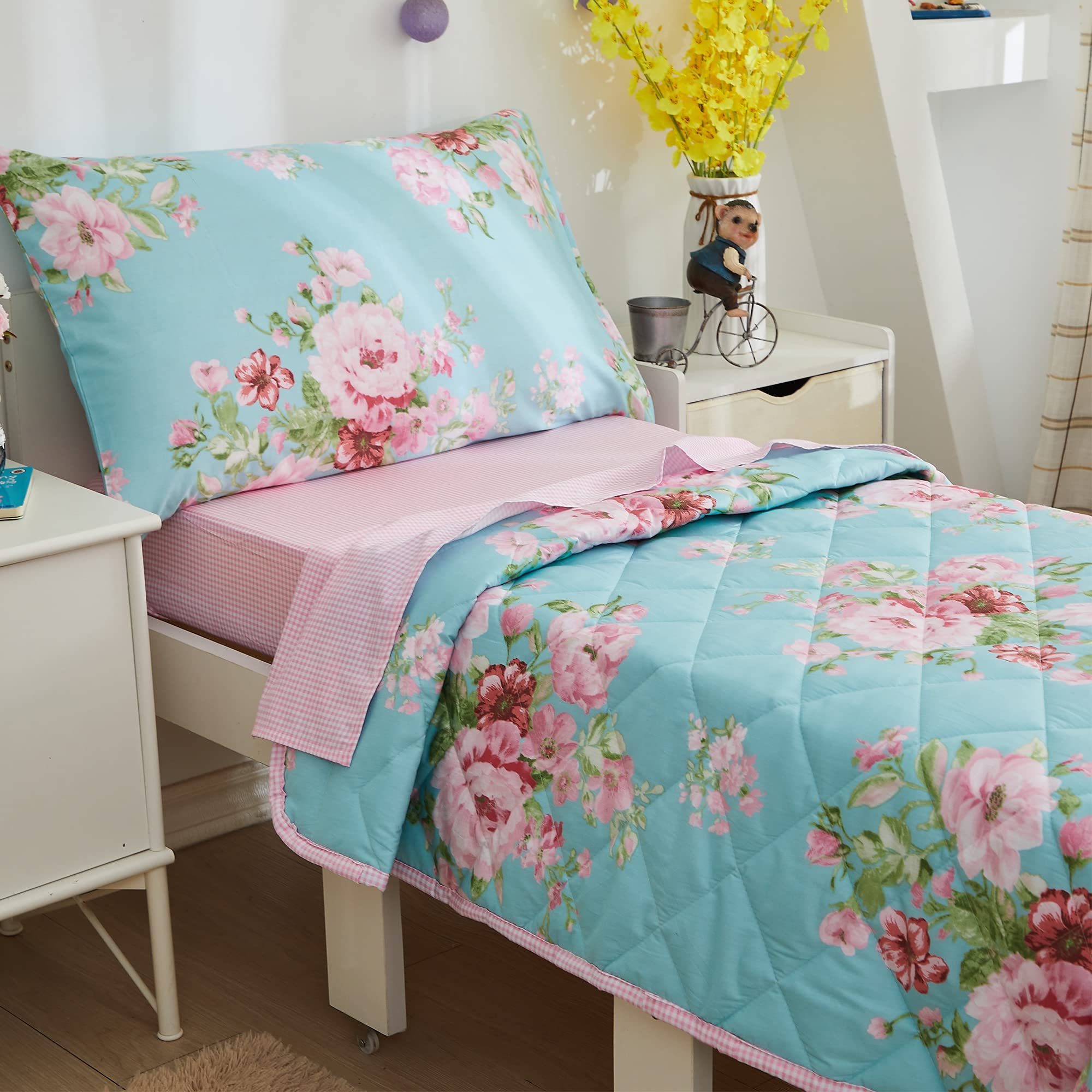 Brandream Juego de ropa de cama de algodón para niñas pequeñas en una bolsa, juego de edredón floral de jardín, juego de sábanas de cuadrícula rosa, 4 piezas