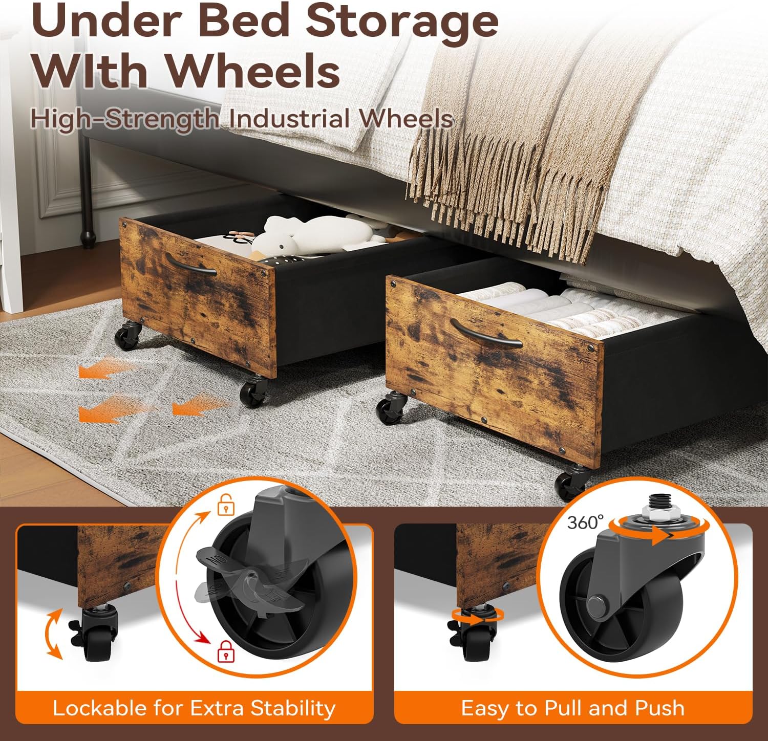 Under Bed Storage with Wheels, Under Bed Storage Drawers on Wheels, Metal Frame Under Bed Shoe Storage, Space-Saving for Bedroom Closet Organization