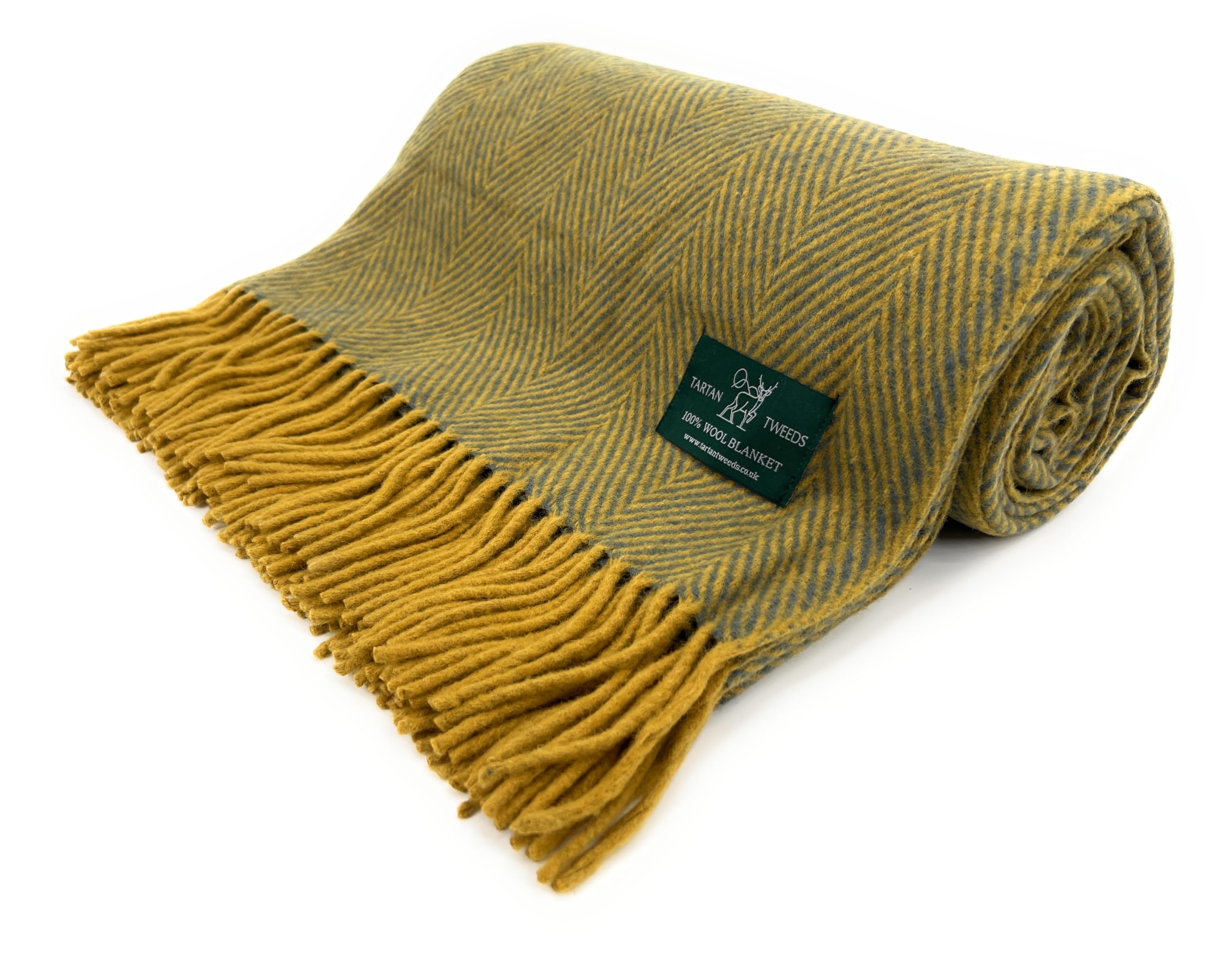 Tartan Tweeds Mustard / Grey Herringbone Wool Full Size Blanket Throw, Travel Size (Mustard/Grey)