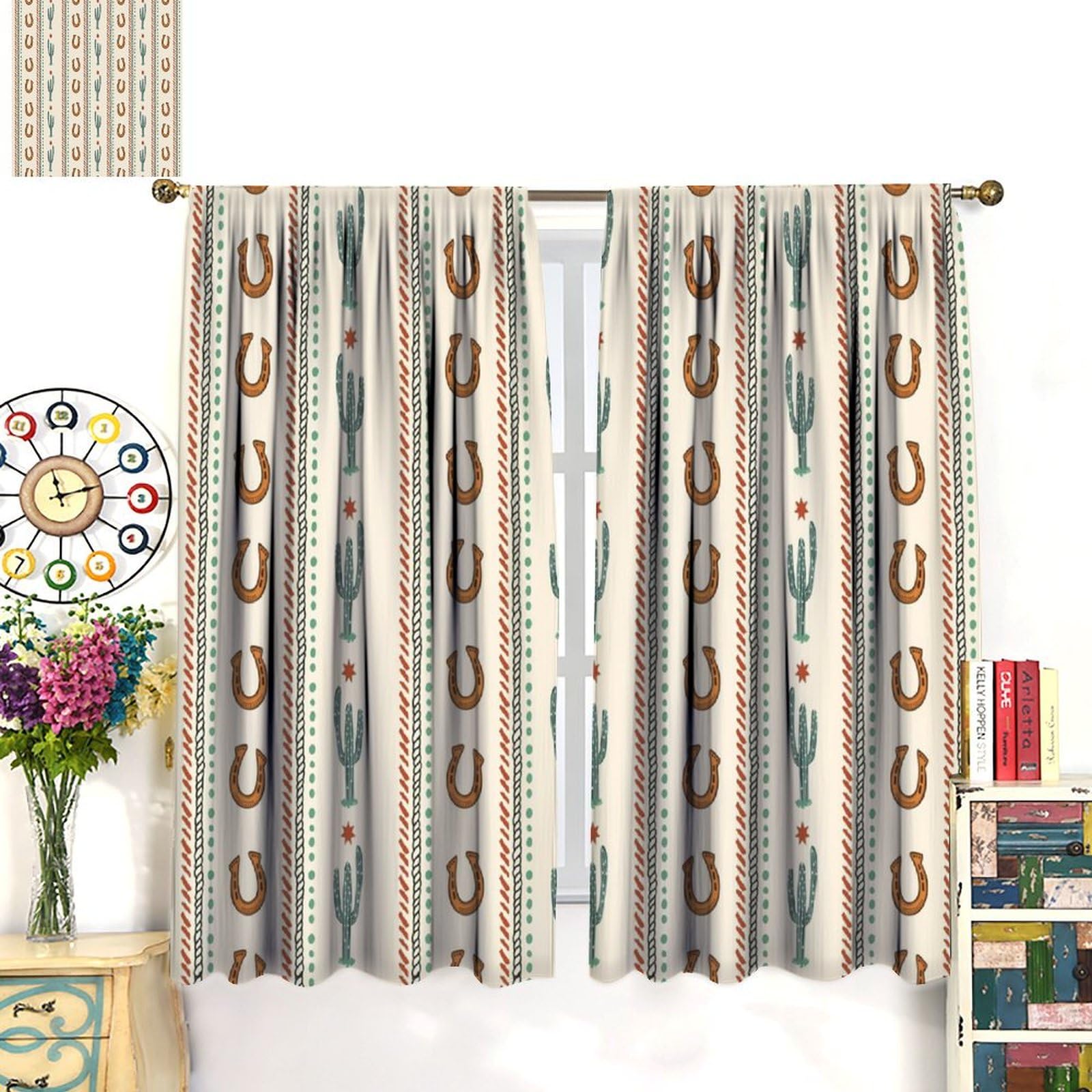 JADERYS Western Blackout Curtains Retro Farmhouse Horseshoe Tropical Cactus Wild West Art Printed Kids Boys Men Bedroom Living Room Rod Pocket Decoration Window Drapes 2 Panels W21xL63in
