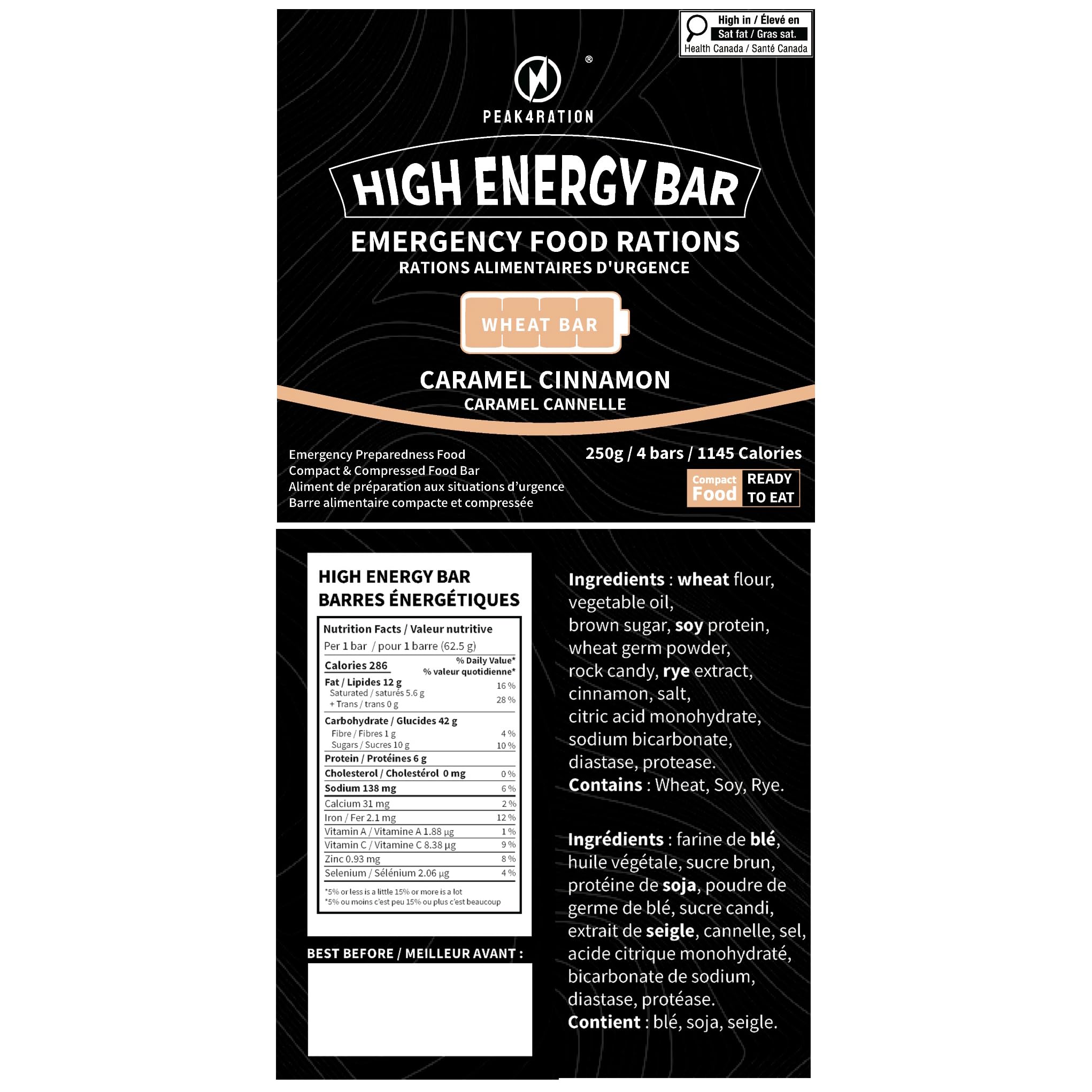 PEAK4RATION Barres Énergétiques D'Urgence Caramel-Cannelle 250g – 1145 Kcal – Ration De Survie Compacte 20 Ans De Conservation – Lot MRE Pour Camping, Randonnée & Kit Anti-Catastrophe