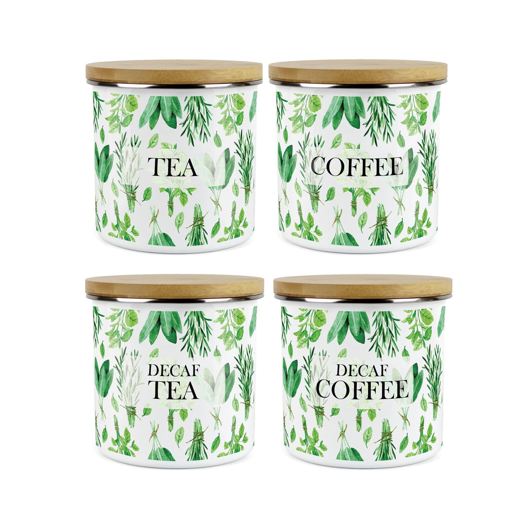 Purely Home White/Green Kitchen Herbs Storage Canisters Set - & Leaf Tea/Coffee/Decaf Tea/Decaf Coffee Homewares Presents - Metal Enamel Hot Drinks Storage Container Kitchen Gift Set Of 4