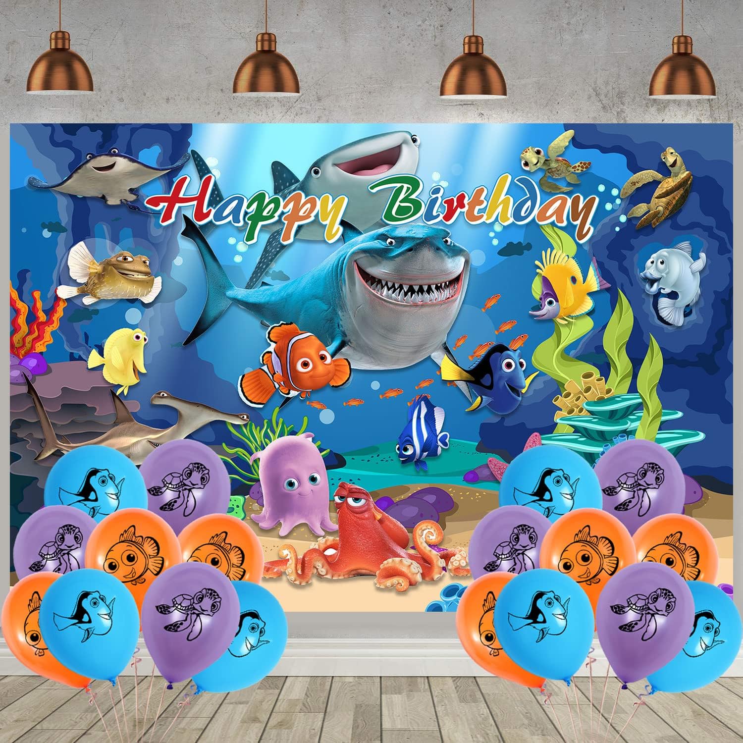 Finding Nemo Birthday Party Supplies,1 Happy Birthday Backdrop,18 Ballons for Finding Nemo Party Decorations, 5 x 3FT Finding Nemo Birthday Banner Decor Photo Background for Girls Boys Kids