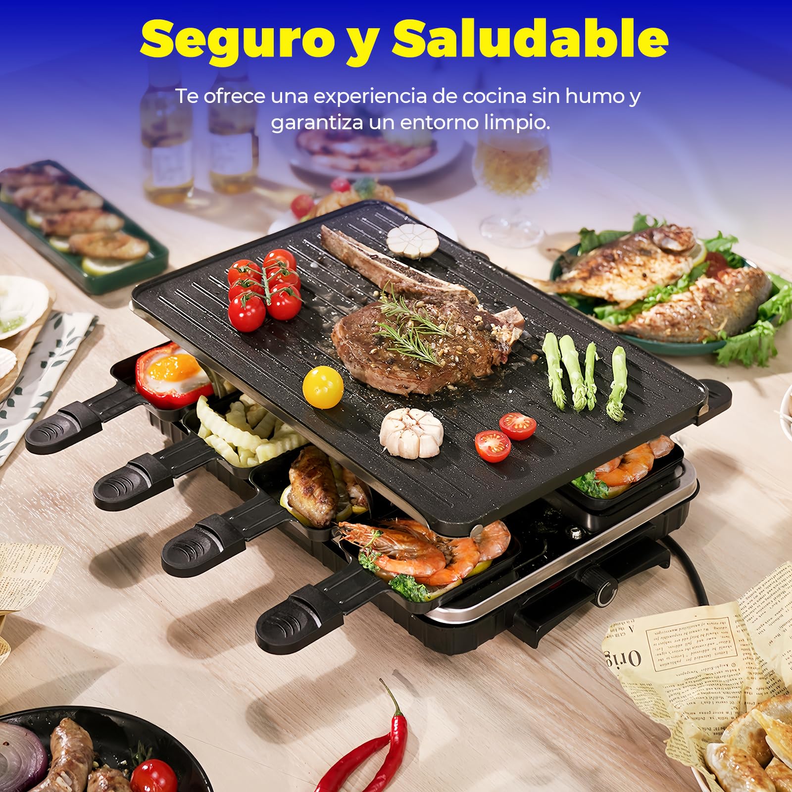 Parrilla Raclette reversible LeuKoles, Raclette para 8 personas, parrilla eléctrica antiadherente de 1300W con 8 sartenes mini para queso Raclette y 1 espátula, para barbacoas en interiores