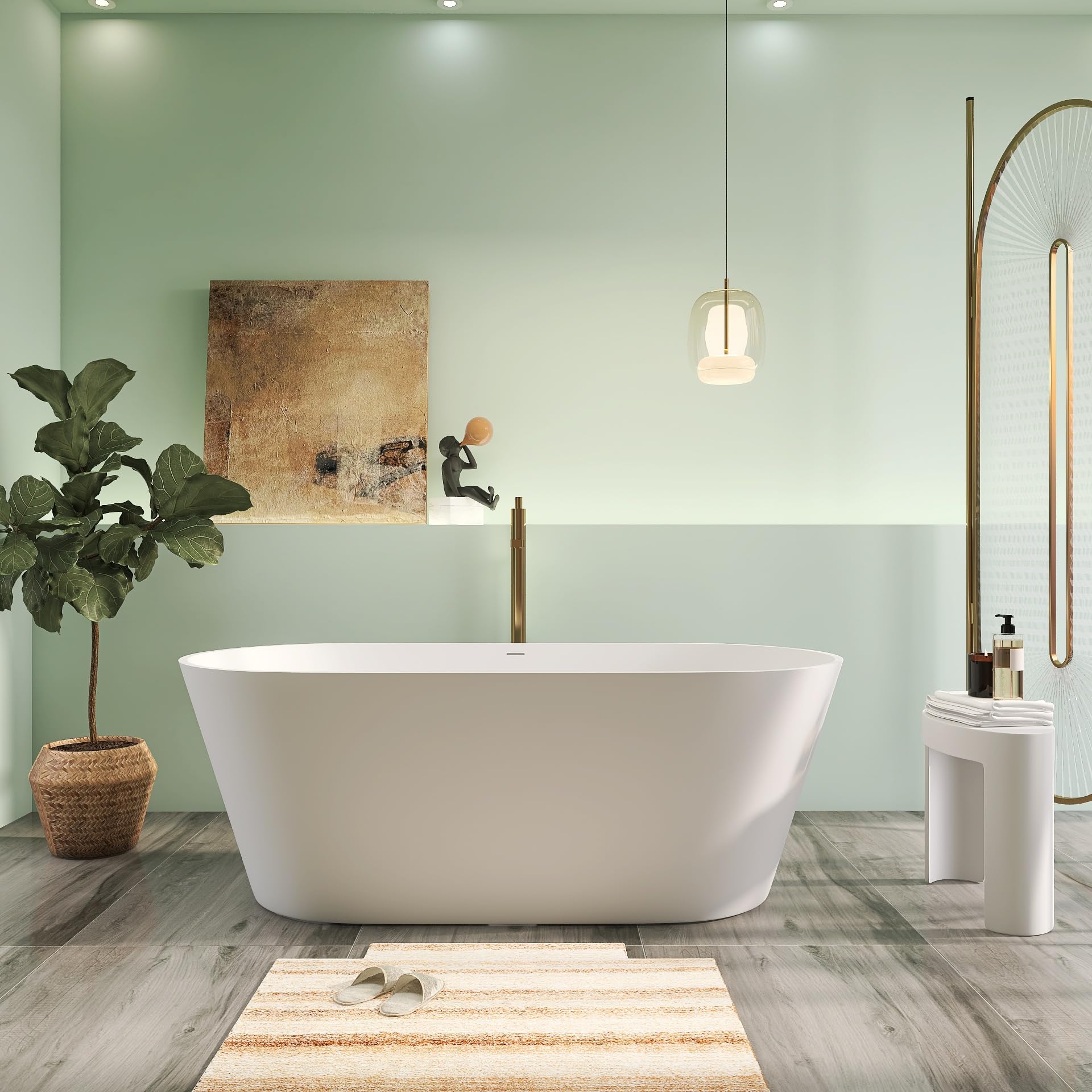 Vasca da bagno indipendente con superficie solida di alta qualità, 160 cm, unica vasca ovale in resina di pietra con troppopieno e scarico pop-up, bianco opaco