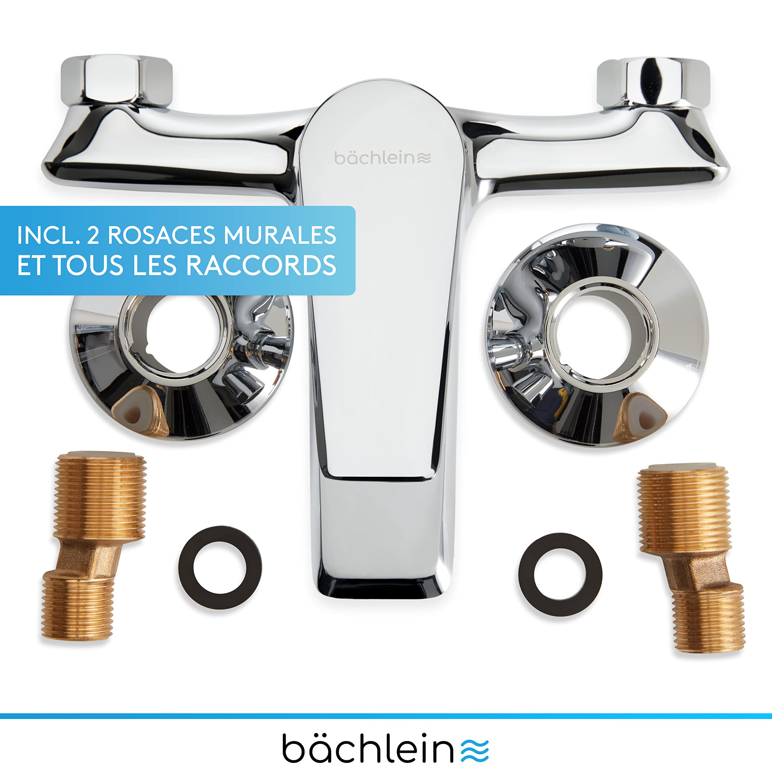Bächlein Mitigeur Universel de Baignoire Chromé - Set Complet de Mitigeur de Baignoire avec Tous les Accessoires, Mitigeur Monocommande pour Baignoire, Mitigeur de Bain, Mitigeur de Baignoire Apparent