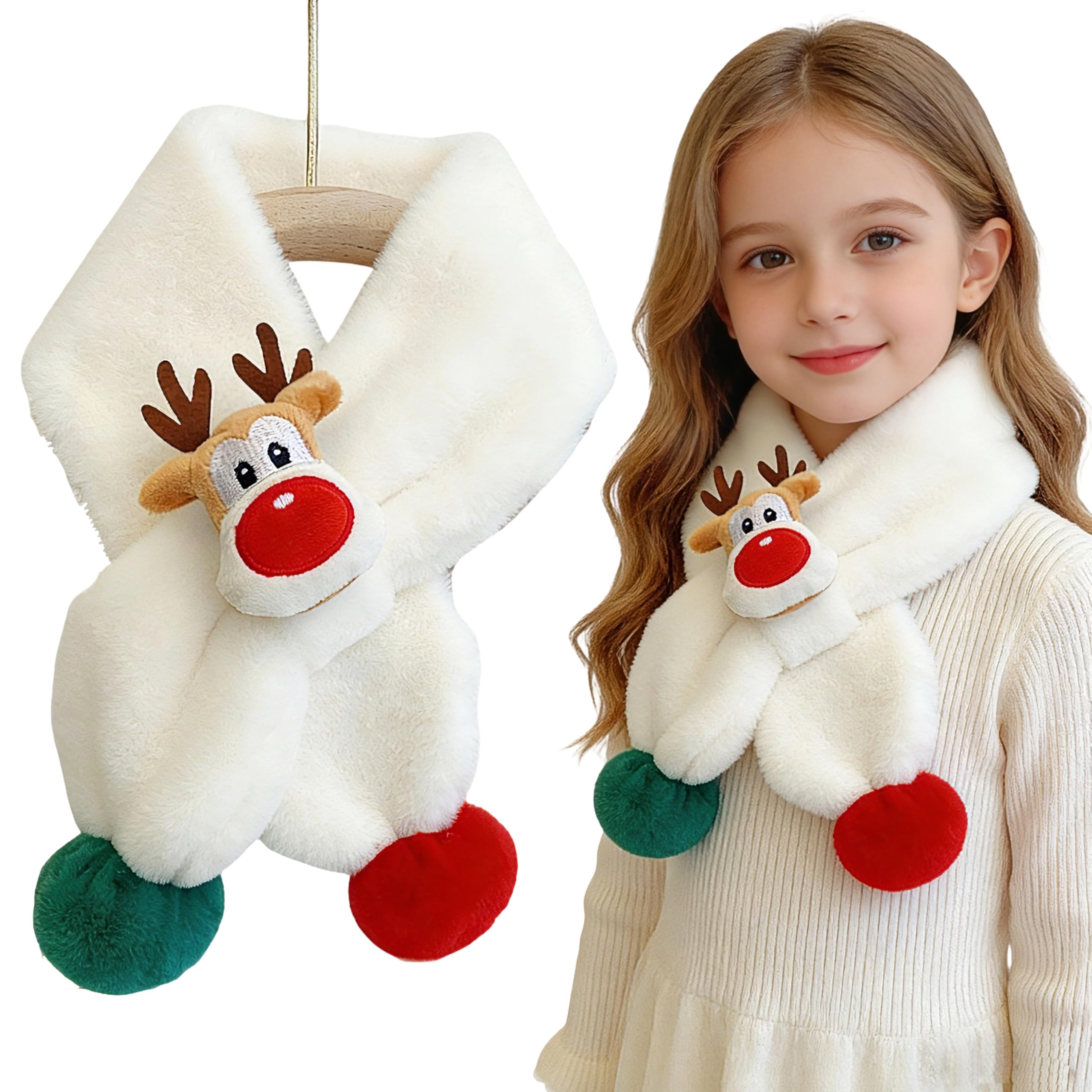 Winter Scarf for Kid Girls ＆ Boys Plush Warm Scarf Cute Deer Neck Outdoor Warmer Scarves for Child Christmas(Beige deer)