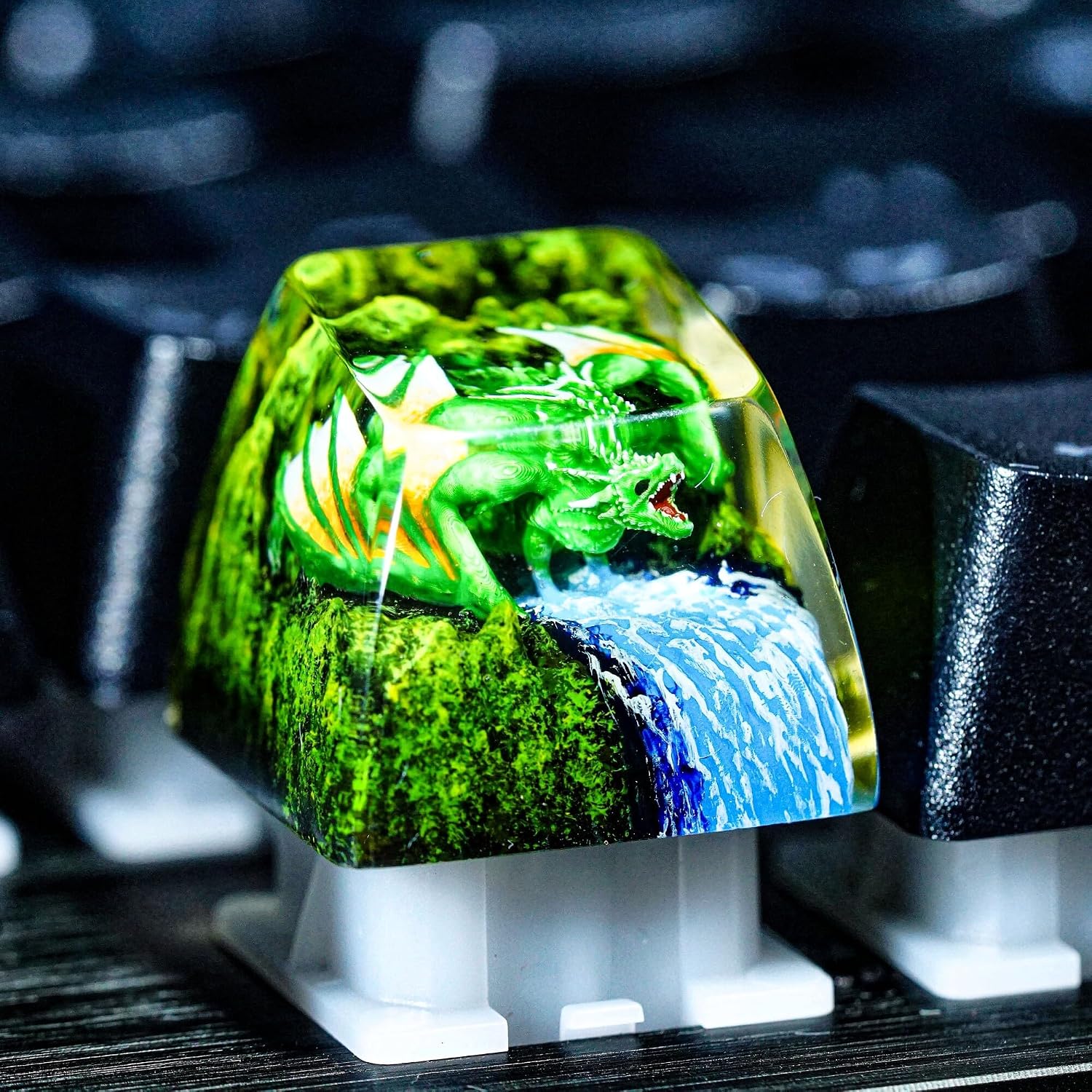 Green Dragon Artisan Keycap with Waterfall - 1U ESC, R1 SA Profile Custom Handmade Resin Cherry MX Switch Key Cap Mechanical Keyboard, Cool Tech Gifts for Men, Dad, Father's Day, Gamer, Space Lover