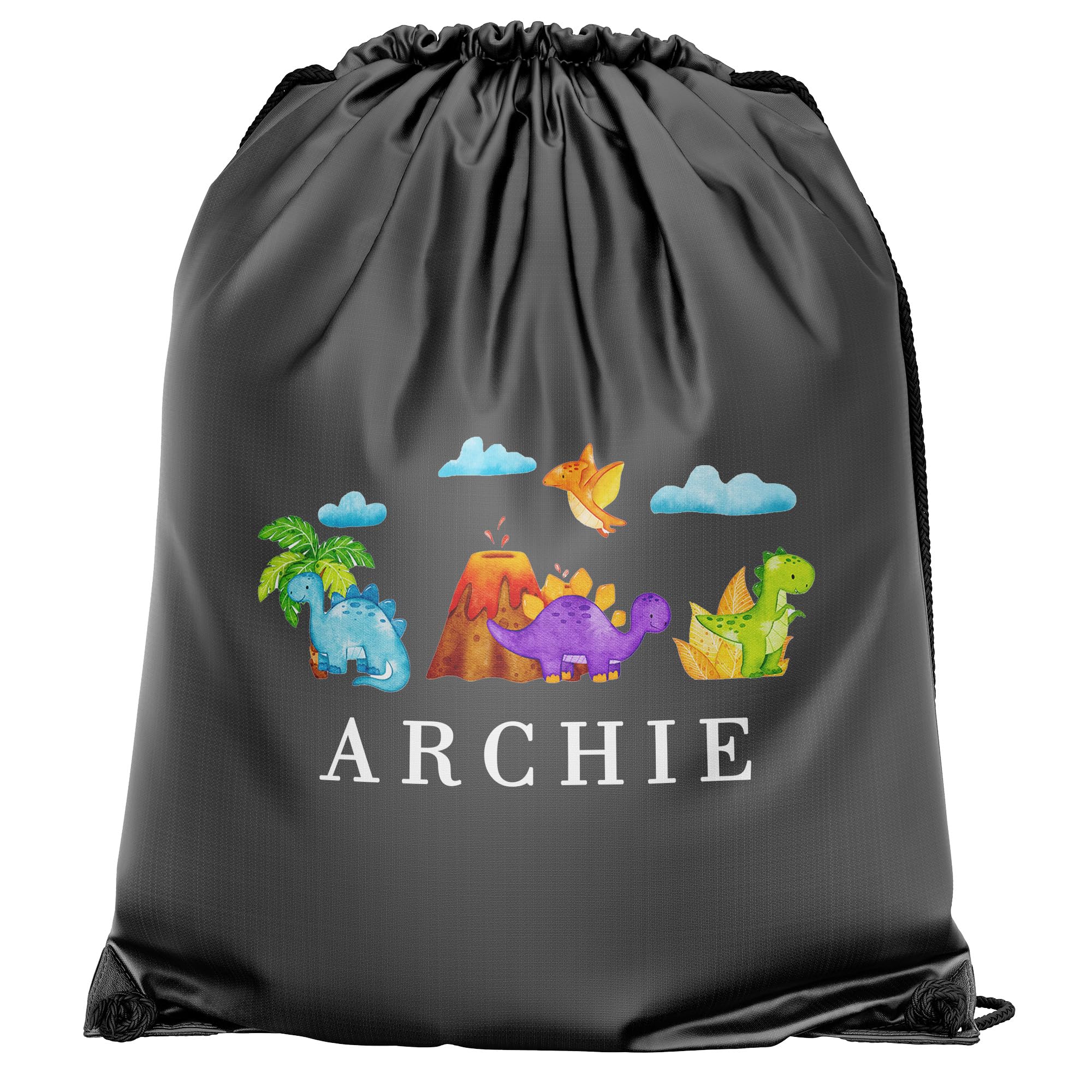 Purple Print House Dinosaur Custom Drawstring Personalised Name with Baby Dino Design Back To School Infant Primary Boys PE Sports Bag, One Size, Dark Grey