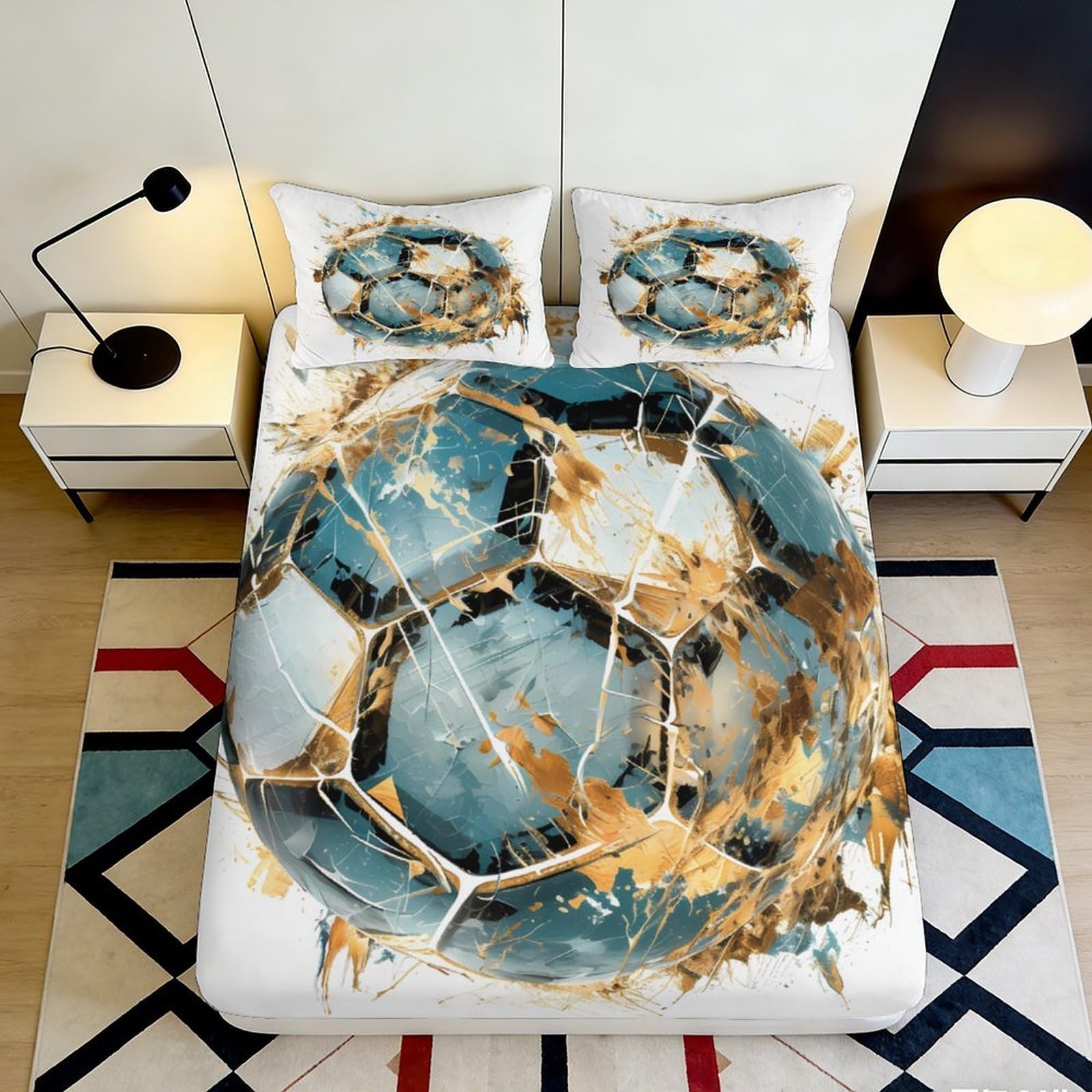 3D Printed Blue Abstract Soccer Fitted Sheet Microfiber Breathable Mattress Cover for Bedroom Dorm Youth Decor 115 120x200x25cm