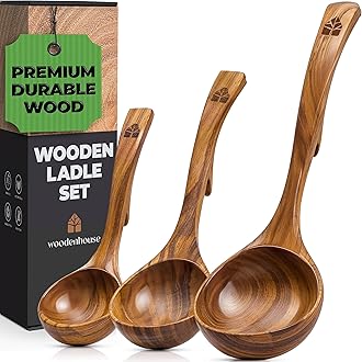 - Wooden Ladle for Soup, 3 Size Teak Wood Ladle Spoon with Back Hooks for Pot & Bowl, Non-Stick Wooden Spoon Set for Cooking, Serving and Stirring
