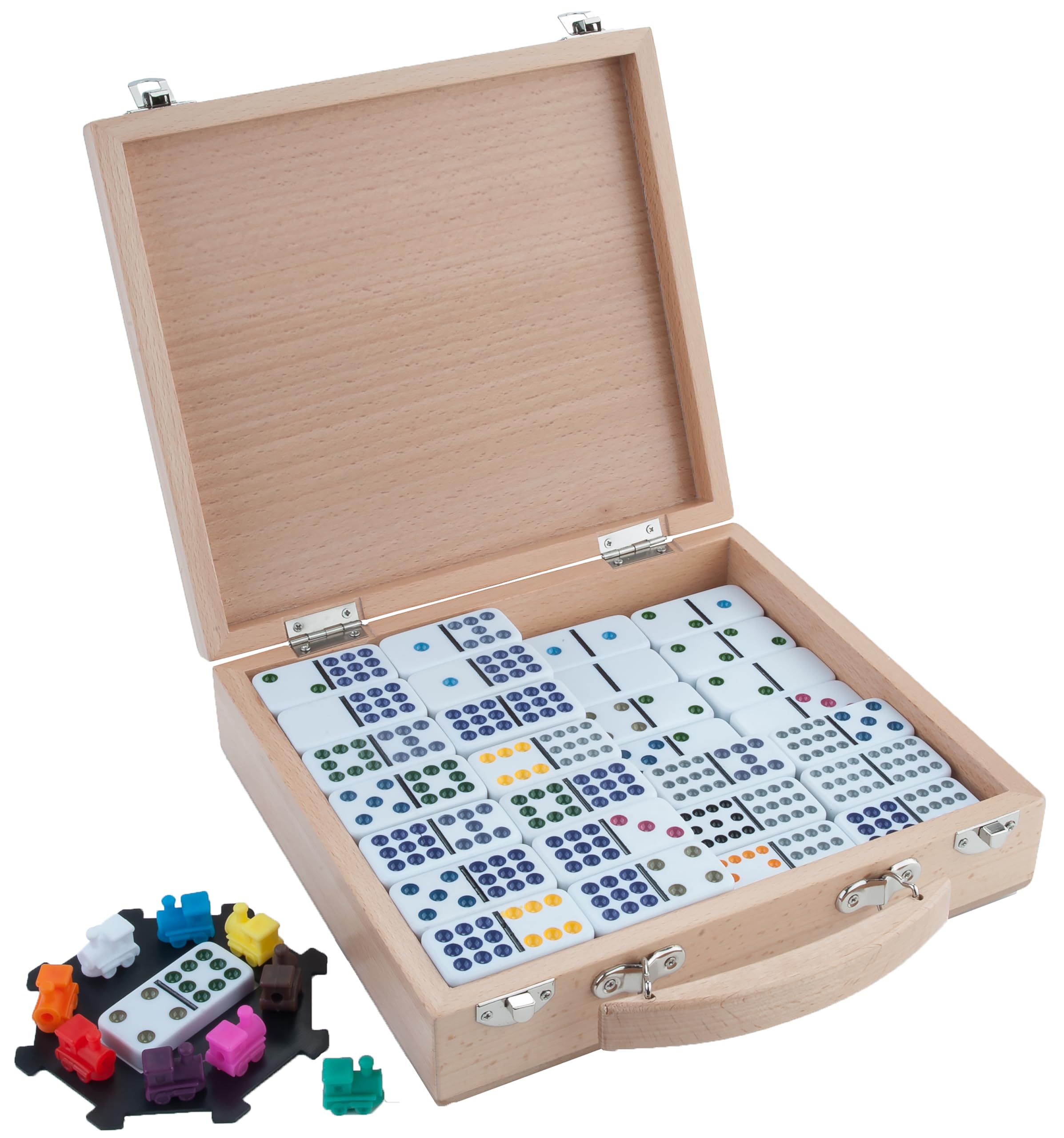 Engelhart – 250150 – Mexican Train – domino D12 – 91 elementów – drewniane pudełko – stacja i pociągi – gra 2–8 osób – 6+