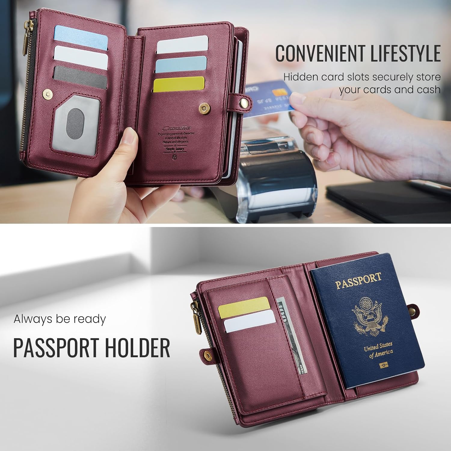Passport Holder Wallet, 12 Card Slots RFID Blocking Travel Organizer, Zippered Coin Pocket & Detachable Wrist Strap Secure AMagnetic Closure Passport Case for Men & Women (Red)