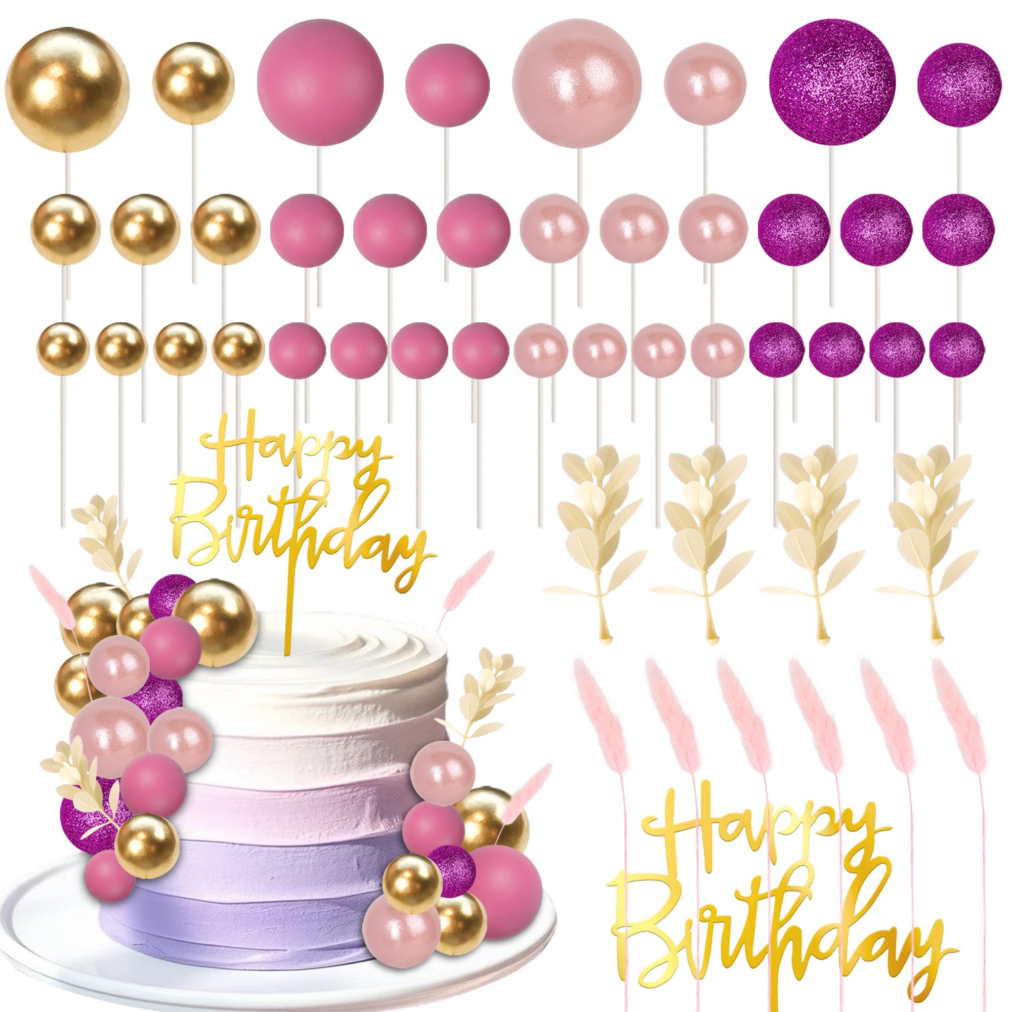 SYKYCTCY 59 Pack Happy Birthday Balls Cake Decorations Ball Cake Toppers Grass Cake Picks for Baby Shower Kids Boys Girls Birthday Theme Party Supplies — image 1