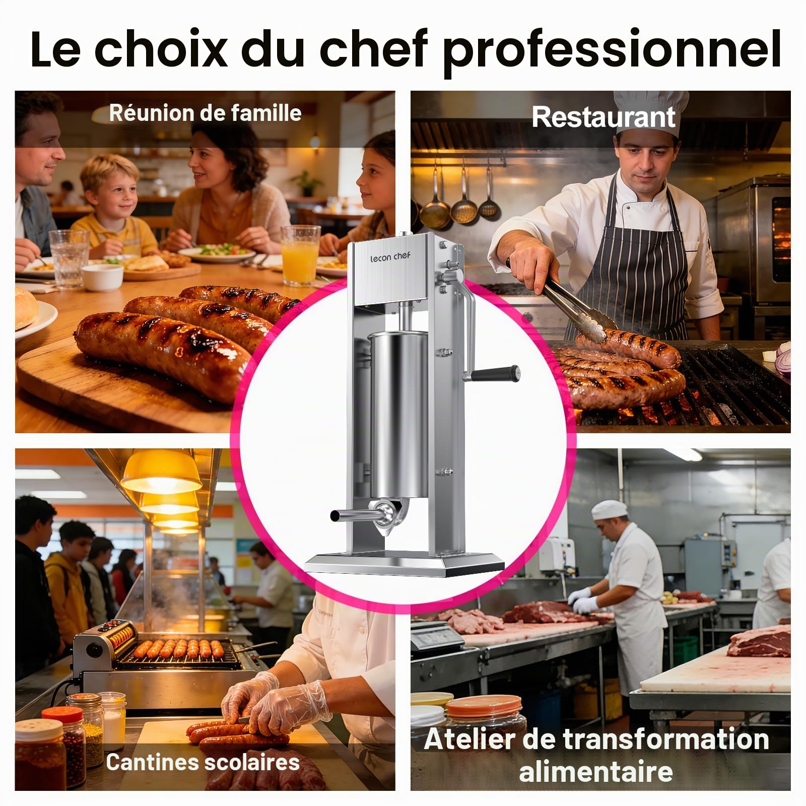 Poussoir à Saucisses Manuel 5 L, Machine à Saucisses en Acier Inoxydable SUS304, Embosseuse à 2 Vitesses avec 4 Tubes, Poussoir à Viande pour Cuisine