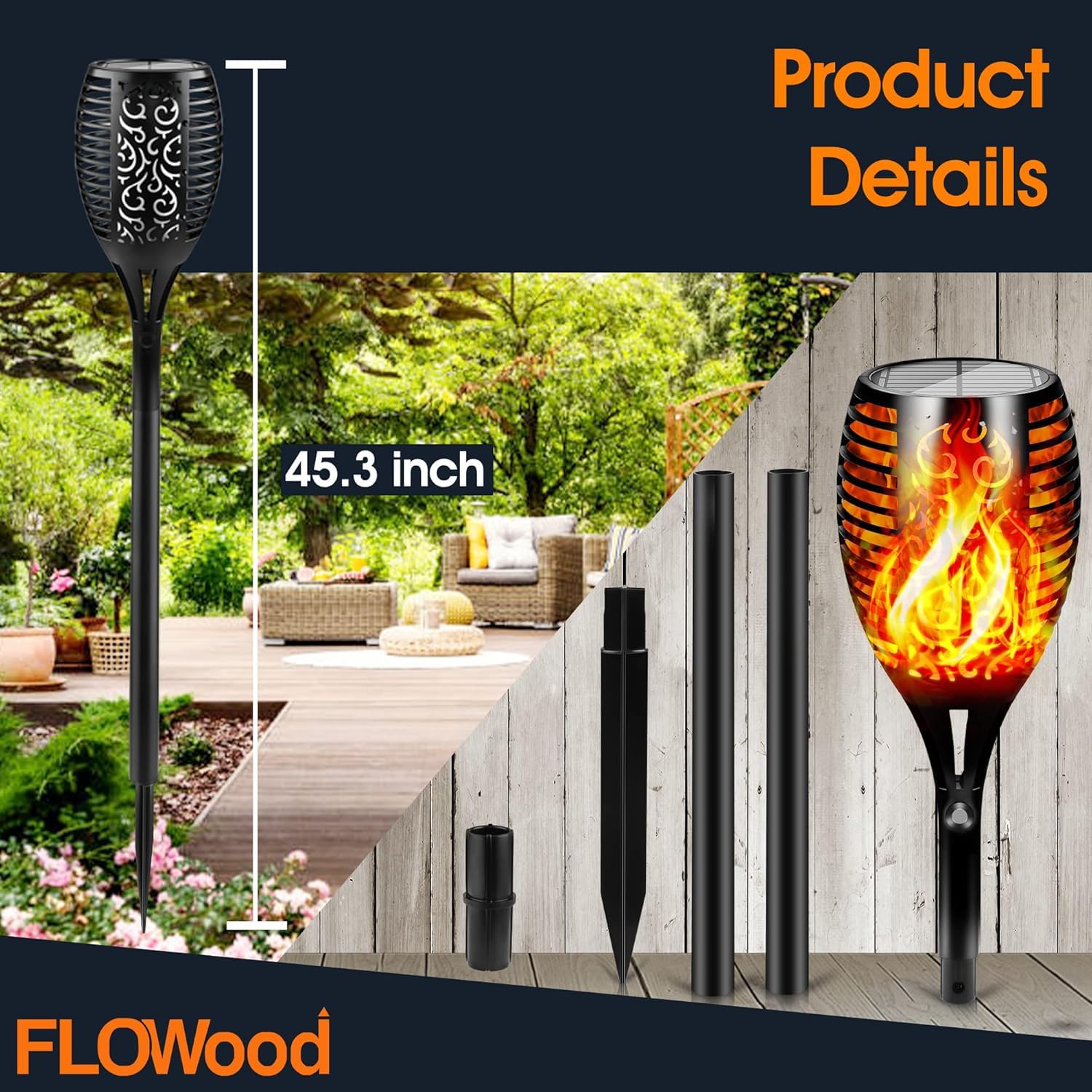 FLOWood Luce Solare da Giardino,Decorazione Paesaggio Illuminazione Solare Giardino Torcia LuceLuci Solari da Giardino con Torcia a LED, Effetto Fiamma Tremolante Realistico,Impermeabile (2 pezzi)