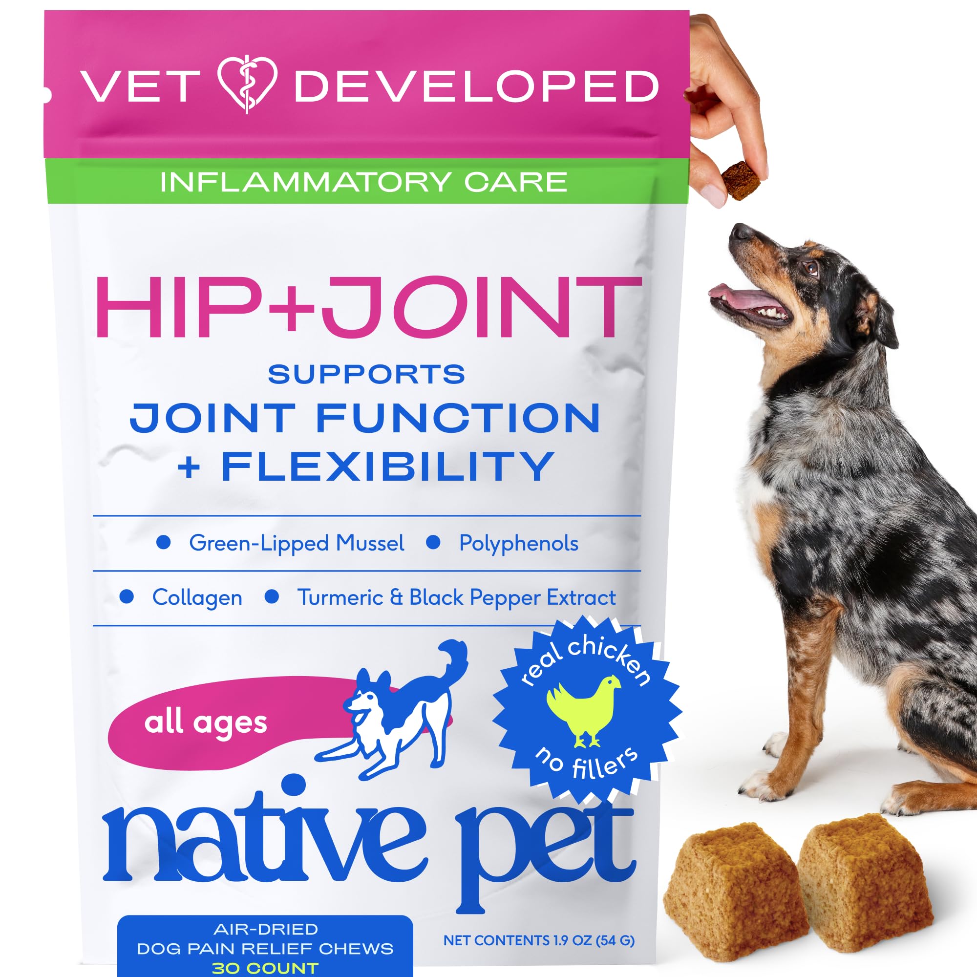 Native PetPain Relief for Dogs - Collagen for Dogs Promotes Joint Health, Reduce Inflammation & Stiffness - Senior Pup Joint Supplement - Natural Pain Reliever for Active & Aging Pets - 30 Chews