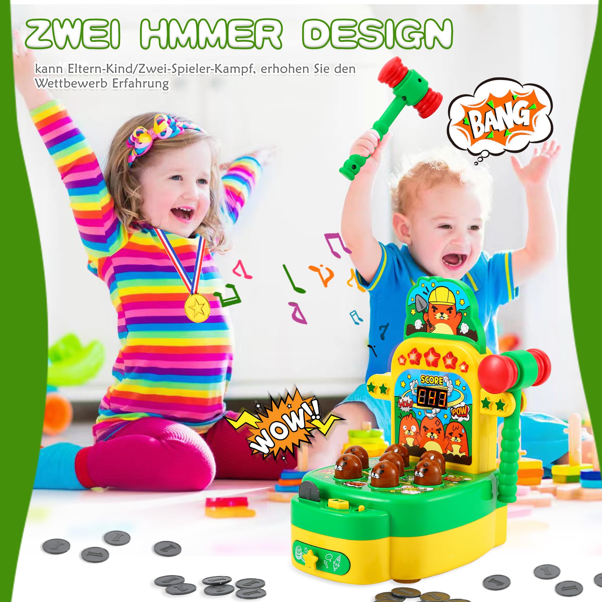Joellfuner Whack Spiel, Elektronisches Mini Arcade Spielzeug, Schlag den Maulwurf, Münzspiel mit 2 Hämmern, Eltern-Kind-Interaktion Hammerspiel Spielzeug für Kinder im Alter von 3-6 Jahren
