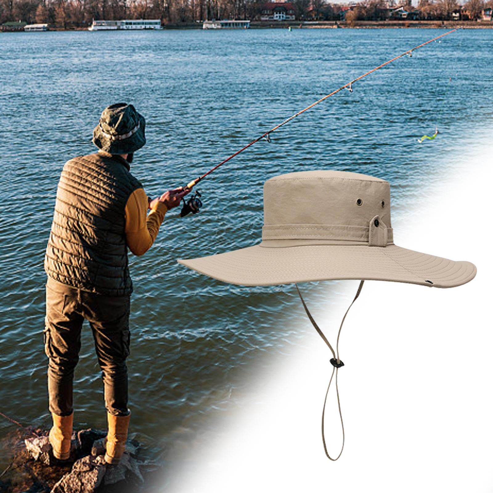 LOVIVER Cappello da pescatore larga Cappellini da pesca Cinturino regolabile leggero Casual Comodo Cappello da sole Visiera per arrampicata Sport, Stile a cachi