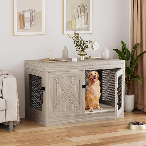Xilingol Mueble esquinero para perros con puertas dobles, mesa auxiliar de madera de 36 pulgadas para perrera para interiores con malla, jaula/casa