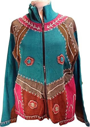 Ragged Ends Boehemian Hippie Embroidered Zippered Sweater Nepal Fair Trade