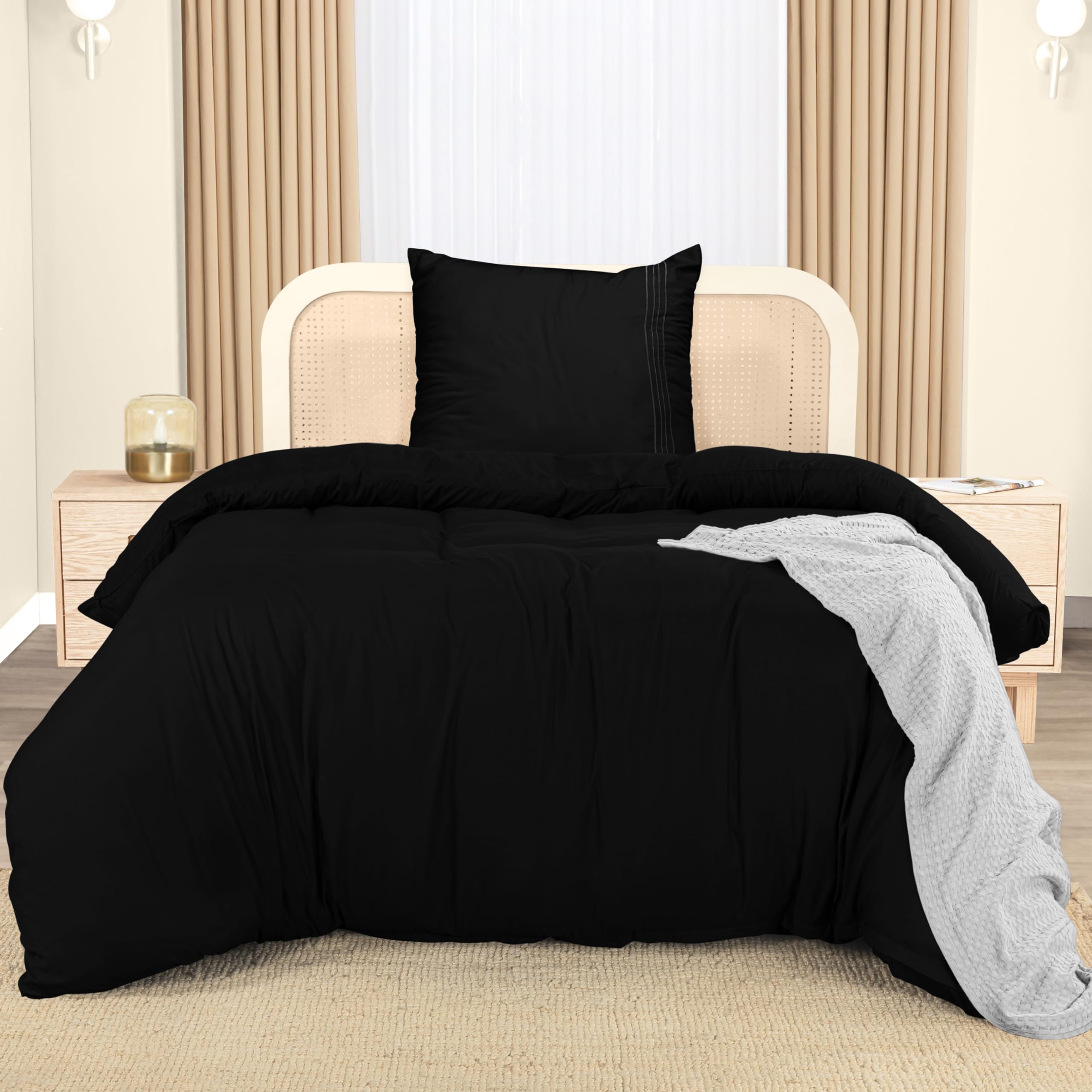 Utopia Bedding Copripiumino Singolo - Copripiumino in Microfibra di Poliestere 135x200cm + Federa Ricamata 80x80cm – Nero