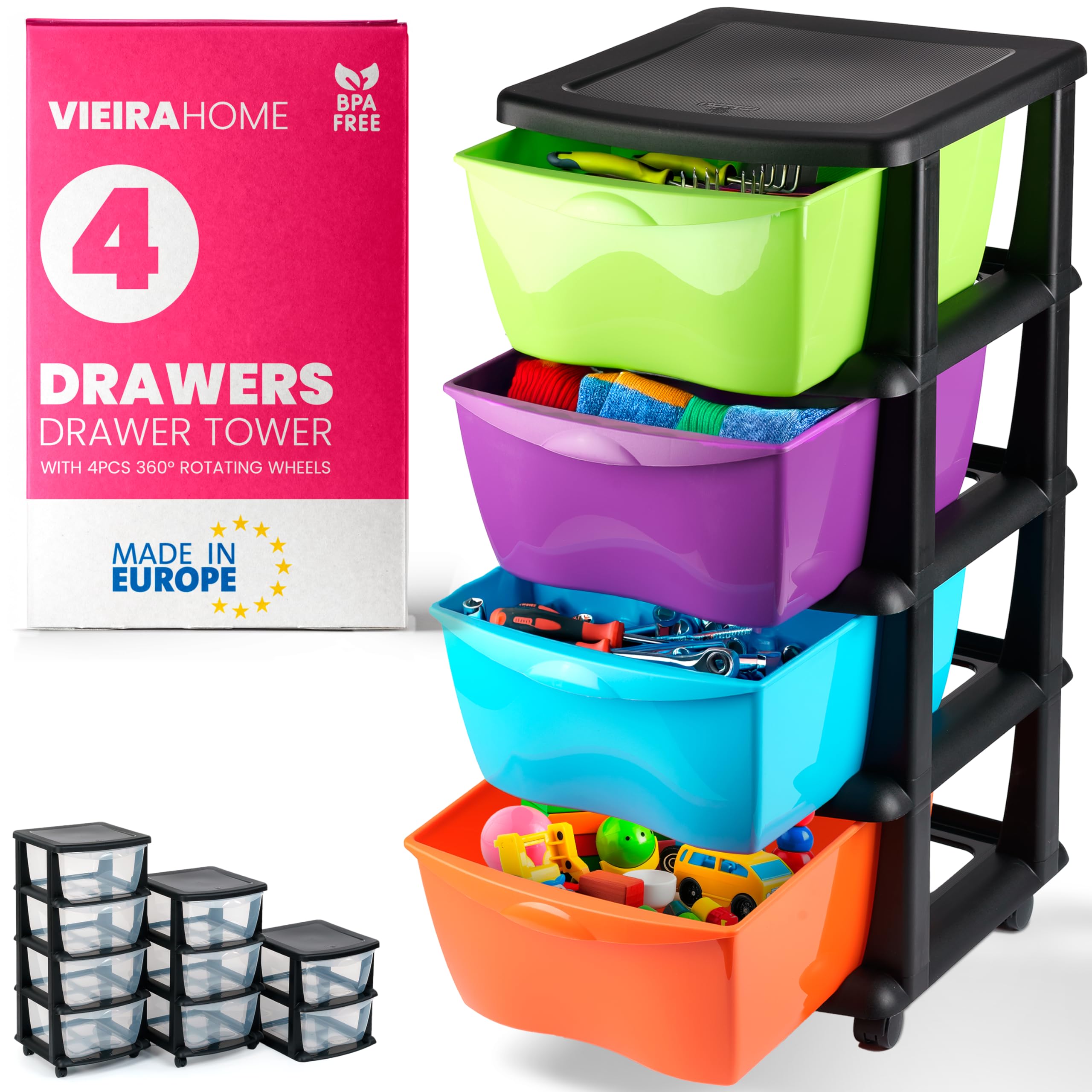 Mueble almacenaje Plastico torre cajonera organizador cajones con ruedas archivador - Escritorio,Oficina, escuela,baño, sala de estar - Hecho en E.U