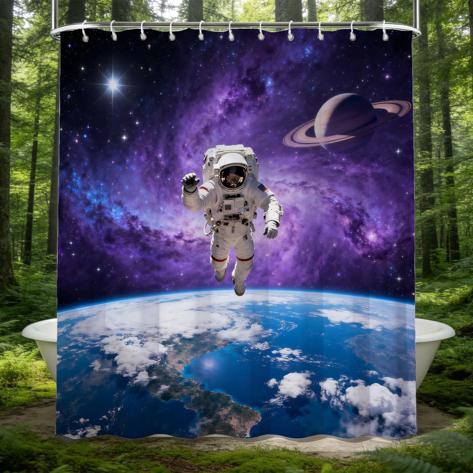 Hongduo 3D Astronaut Shower Curtain for Stalls Bathtubs Saturn Bathroom Decor Shower Curtain Set Polyester Fabric Waterproof 180x200cm/71X79 Inch with Hooks
