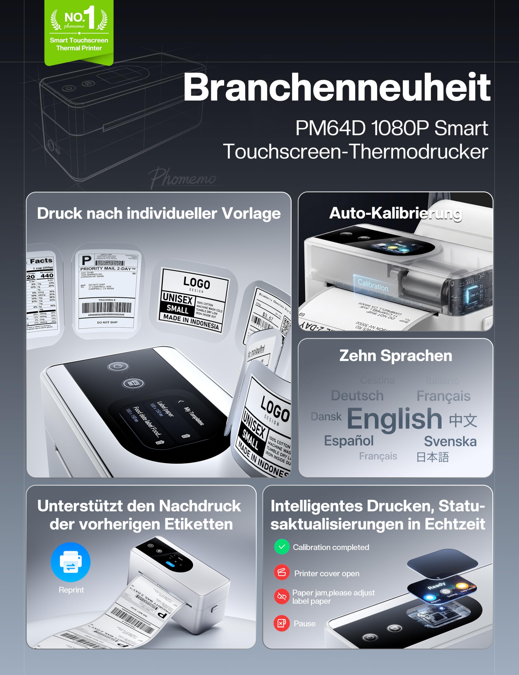 Phomemo Touchscreen Versandetiketten Drucker, PM64D Label Printer, Weiß