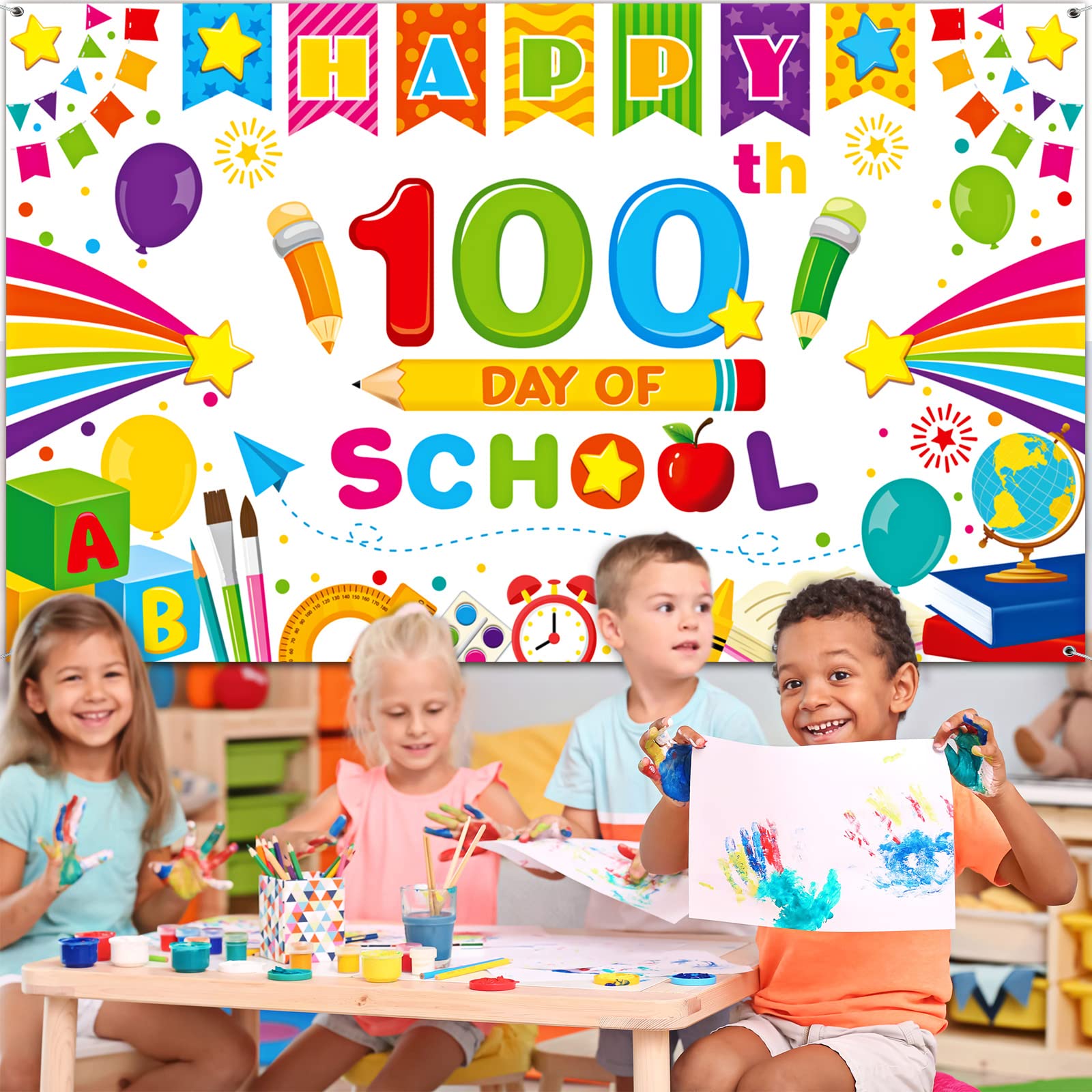 „Happy 100th Day Of School“ Banner – Stoff-Hintergrund Für Kindergarten & Grundschule, 180x110 Cm, Perfekt Für Fotoecken & Partydeko