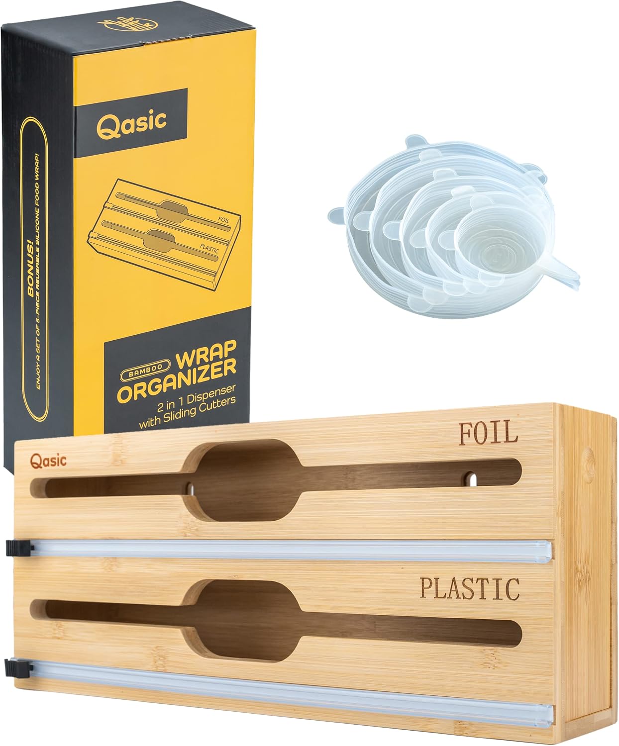 Qasic 2-in-1 Bamboo Foil and Plastic Wrap Dispenser with Cutter and Laser Engraved Letters - Plastic Wrap Roll and Tin Foil Organizer for Drawer and Wall with 5 Silicone Food Wraps - Fits 12" Rolls