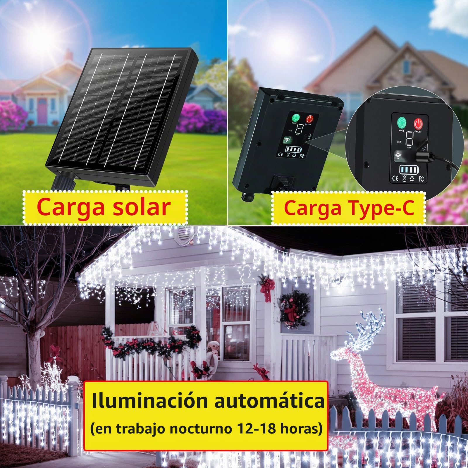 Cortina Luces Solares,Energía Solar y Recargable,20m+5m 660 Led IP65 Guirnalda Luces Navidad Exterior Interior, Con 8 Modos, Temporizador, Iluminación Navideña para Fiestas Bodas Jardín Balcon Ventana