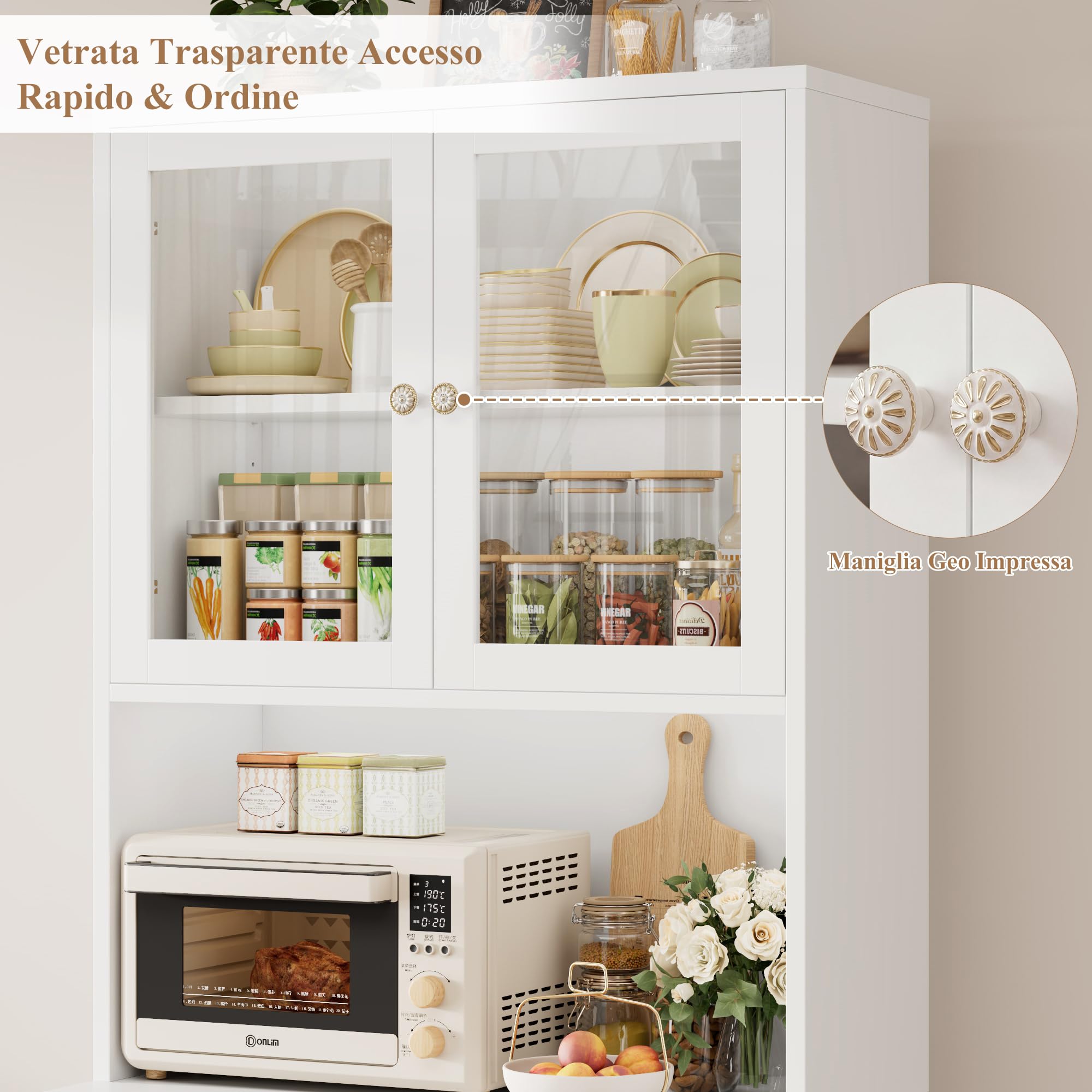 HOCSOK Credenza Cucina 180 cm, Alta Dispensa Cucina, Vetrina con Ripiani Regolabili, 2 Porta in Vetro, Microonde con Ripiani Aperti e Cassetti, Mobile Soggiorno